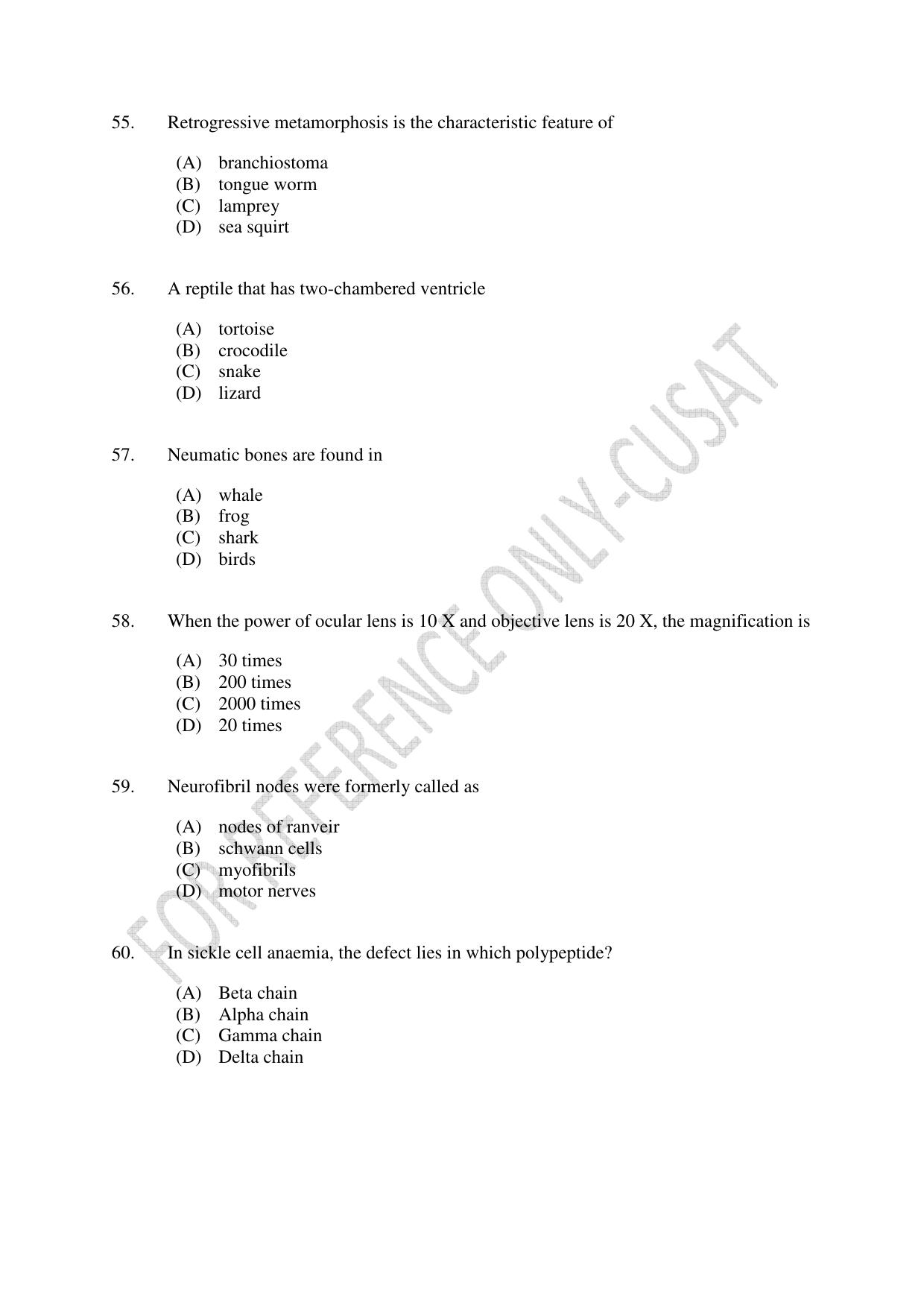 CUSAT CAT 2022 615 ZOOLOGY Question Paper - Page 10