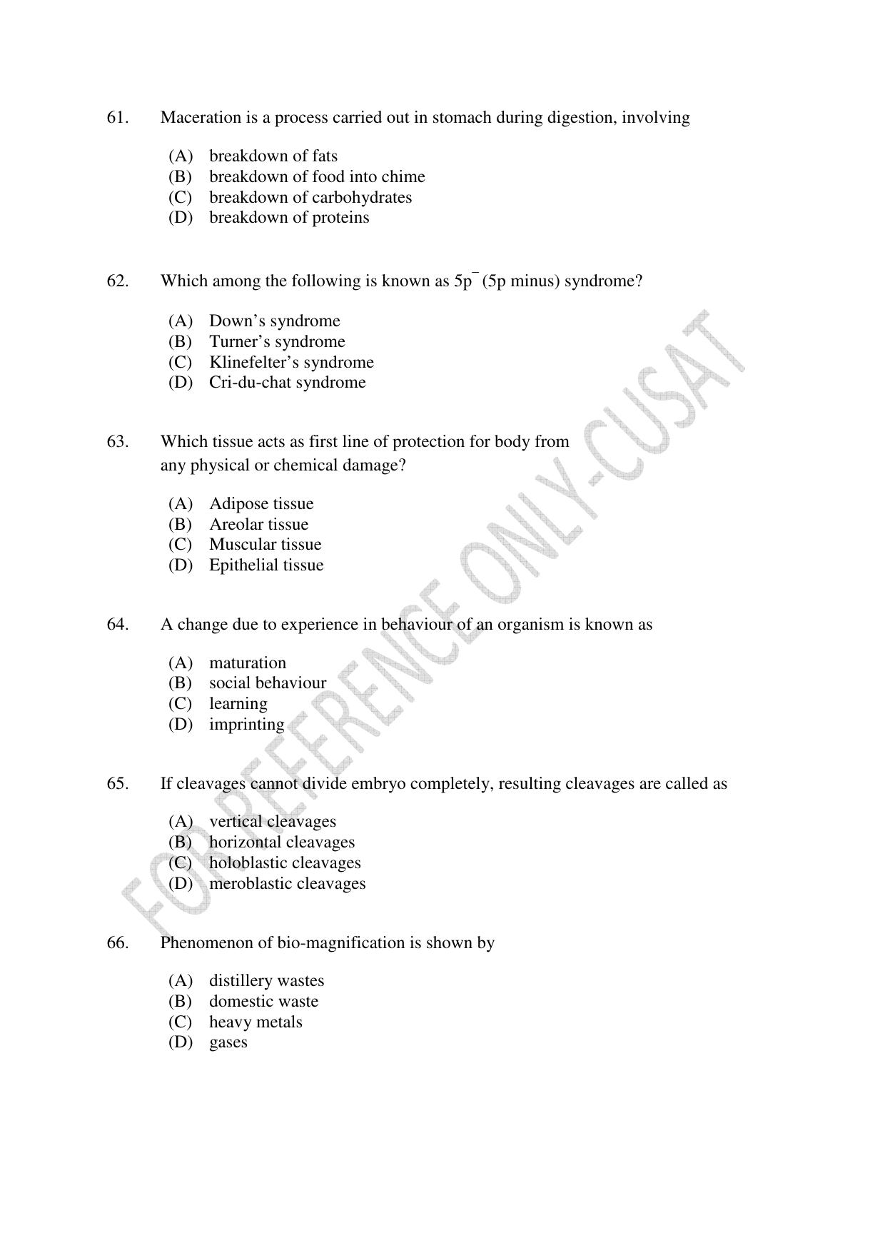 CUSAT CAT 2022 615 ZOOLOGY Question Paper - Page 11