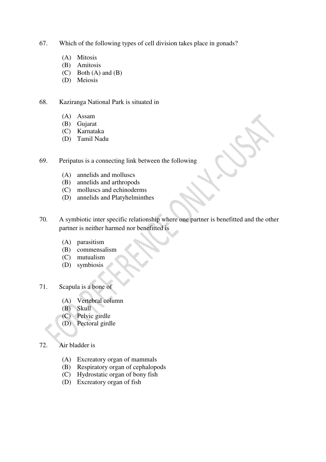 CUSAT CAT 2022 615 ZOOLOGY Question Paper - Page 12