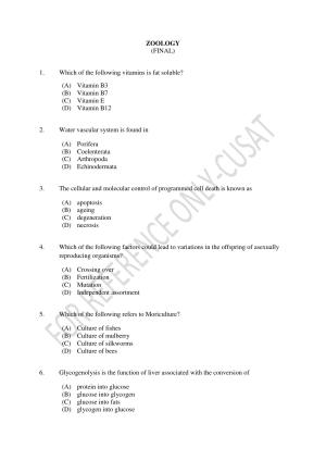 CUSAT CAT 2022 615 ZOOLOGY Question Paper