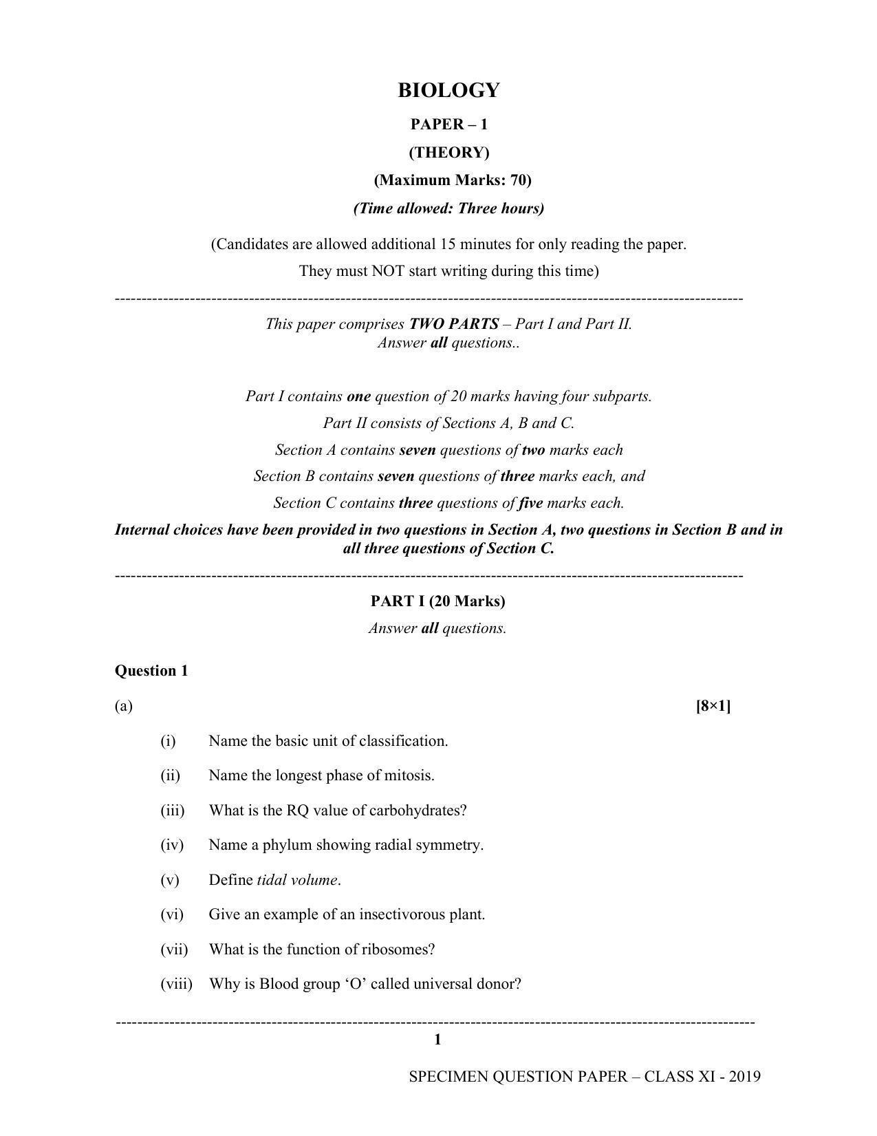 ISC Class 11 Specimen Biology Sample Papers 2023 - Page 1