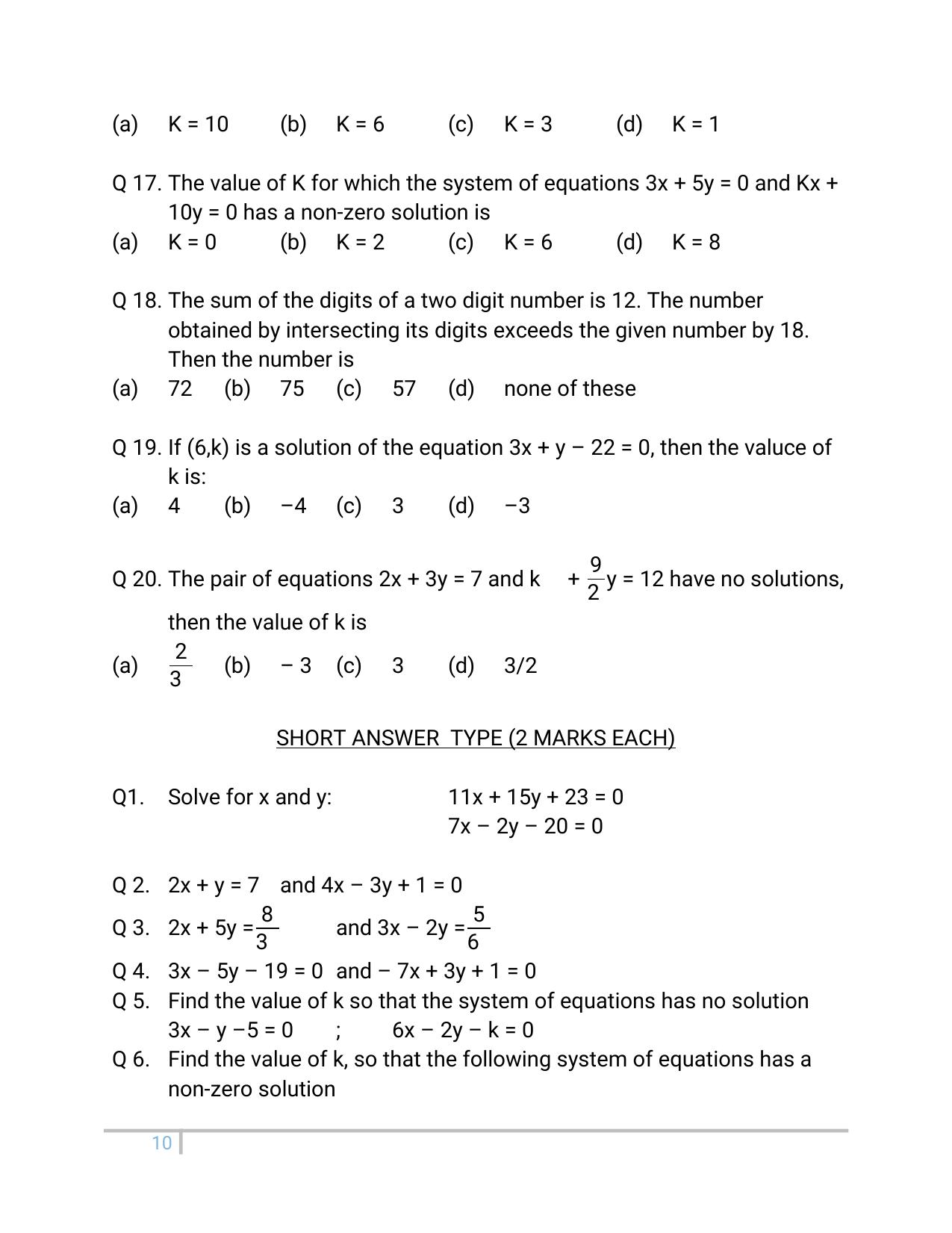 JKBOSE Class 10 Maths: Chapter 3rd Pair of linear equation in two variables Question Bank - Page 10