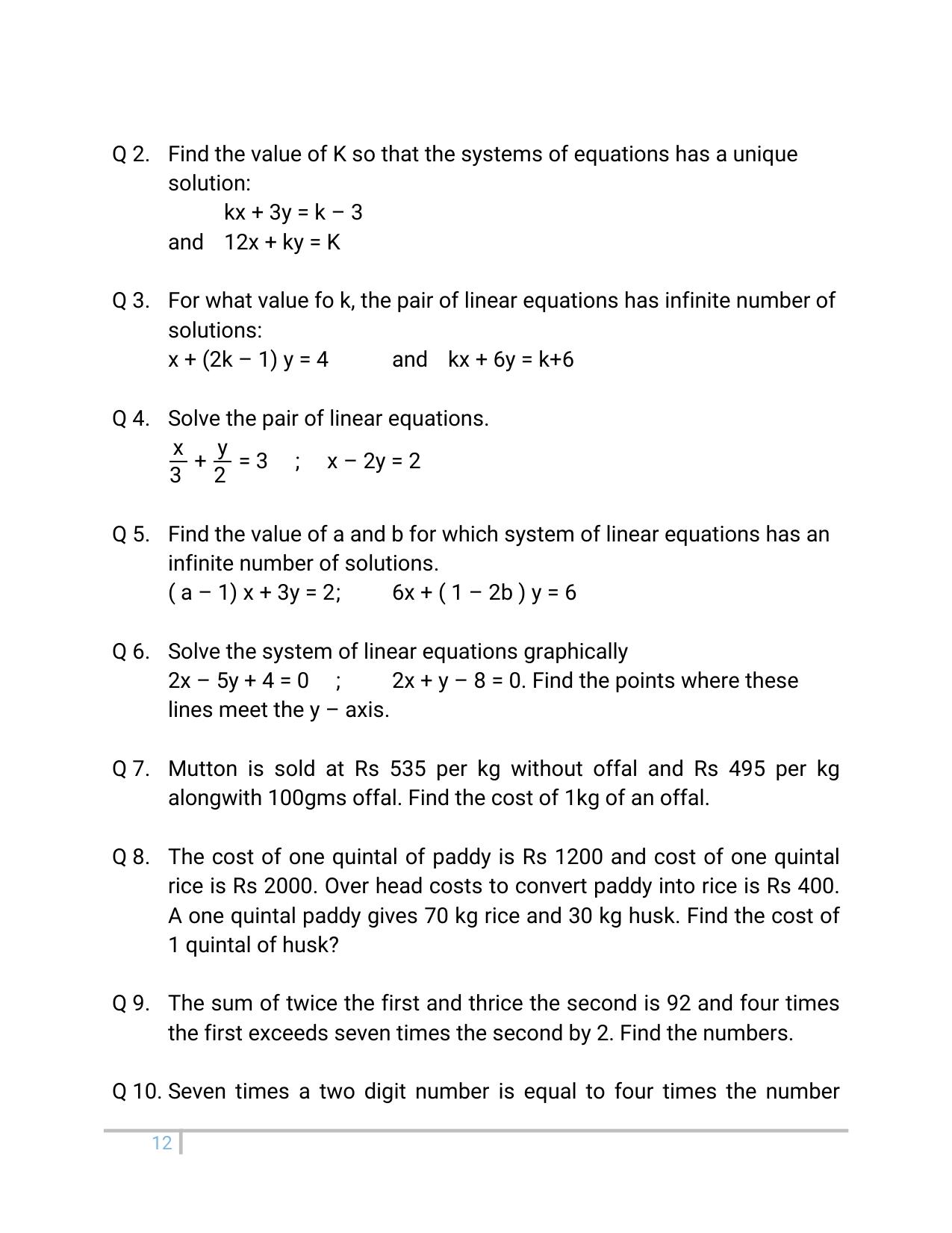 JKBOSE Class 10 Maths: Chapter 3rd Pair of linear equation in two variables Question Bank - Page 12
