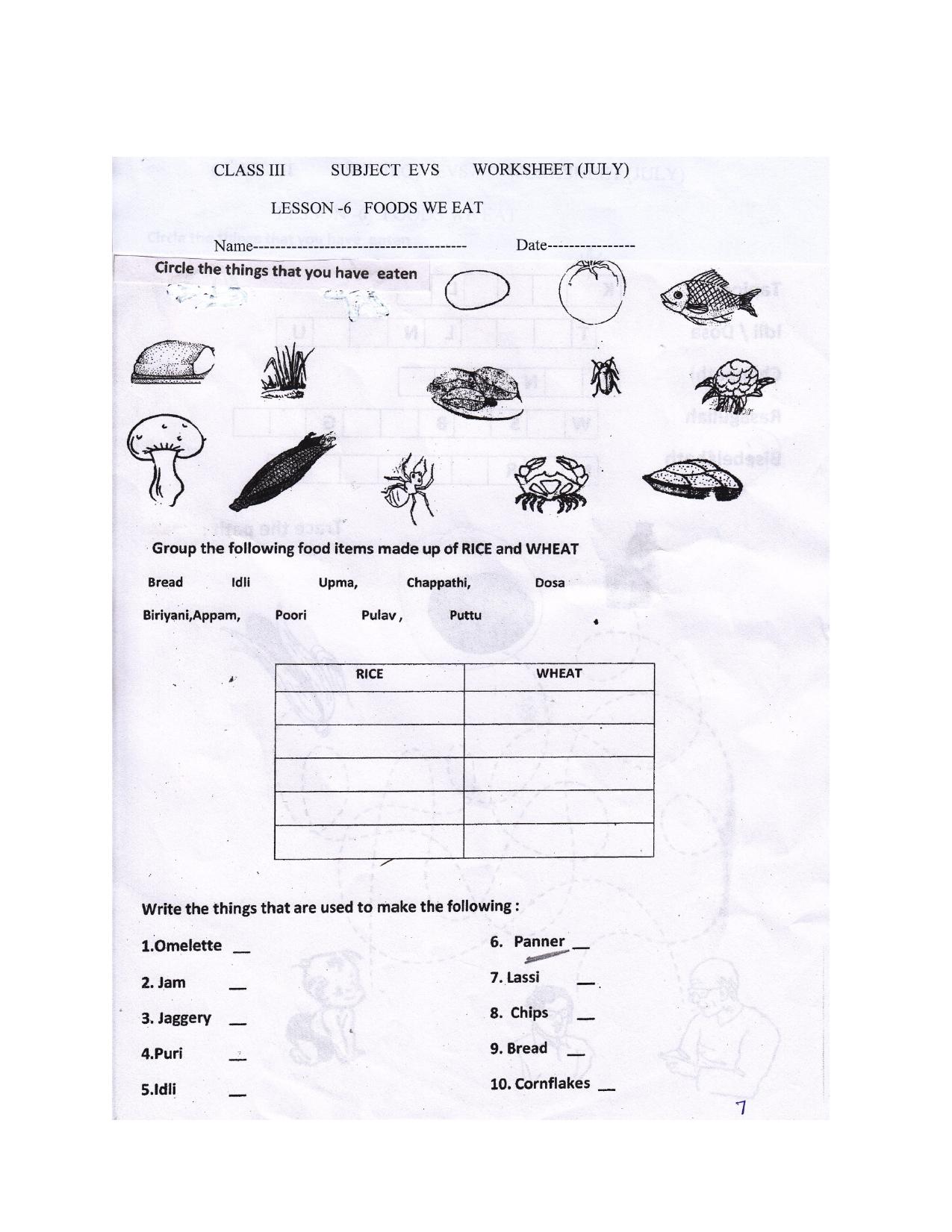 Worksheet for Class 3 EVS Assignment 20 Food We Eat - Page 1
