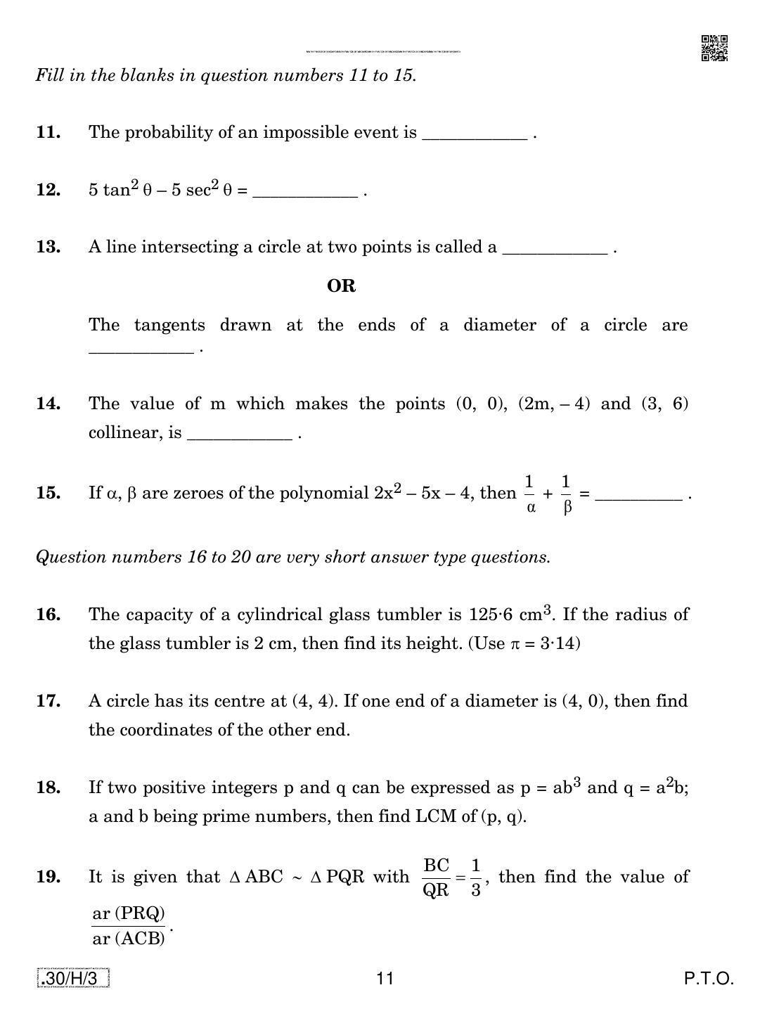 CBSE Class 10 30-C-3 - Maths (Standard) 2020 Compartment Question Paper - Page 11
