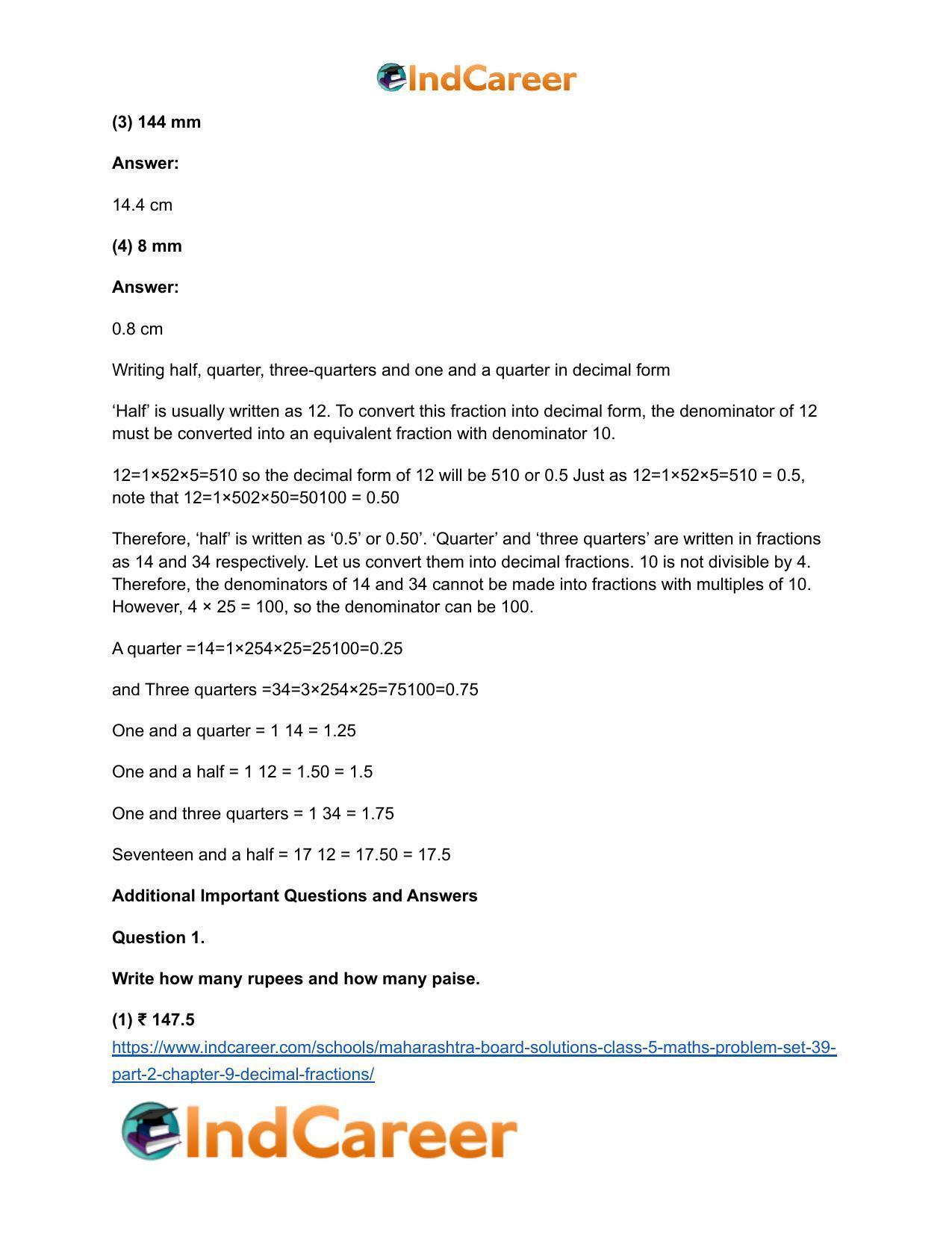 Maharashtra Board Solutions Class 5-Maths (Problem Set 39) - Part 2: Chapter 9- Decimal Fractions - Page 7