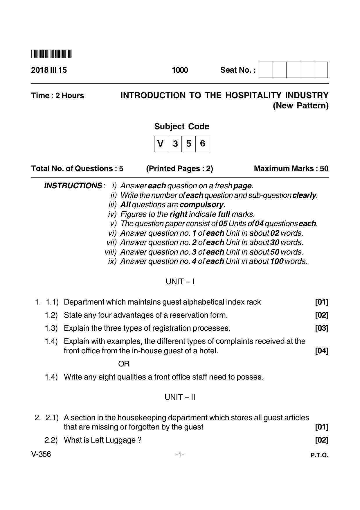 Goa Board Class 12 Introduction to Hospitality Industry  Voc 356 New Pattern (March 2018) Question Paper - Page 1
