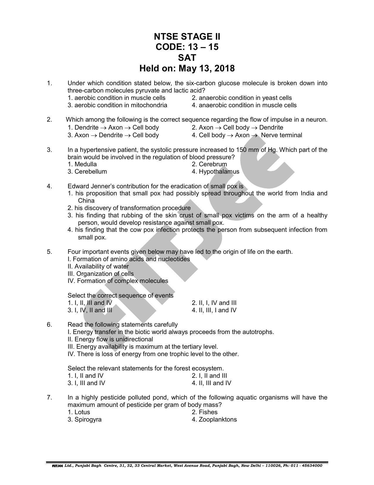 NTSE 2018 (Stage II) SAT Question Paper (May 13, 2018) - Page 1