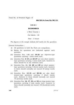 Meghalaya Board (MBOSE) Class 12 ECONOMICS (New Course) (HS-XII-A.Com-Ec-NC-21) 2021 Question Paper