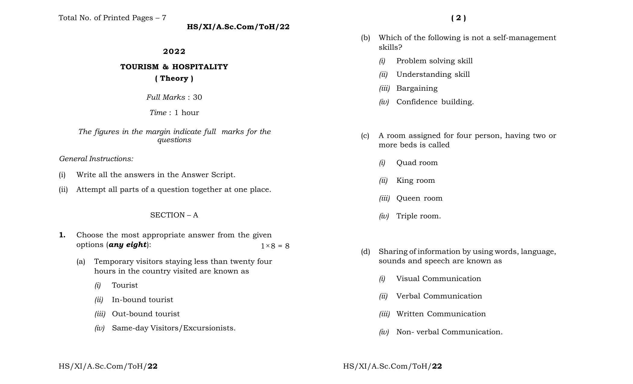 Meghalaya Board (MBOSE) Class 11 Tourism & Hospitality (theory) 2022 Question Paper - Page 1