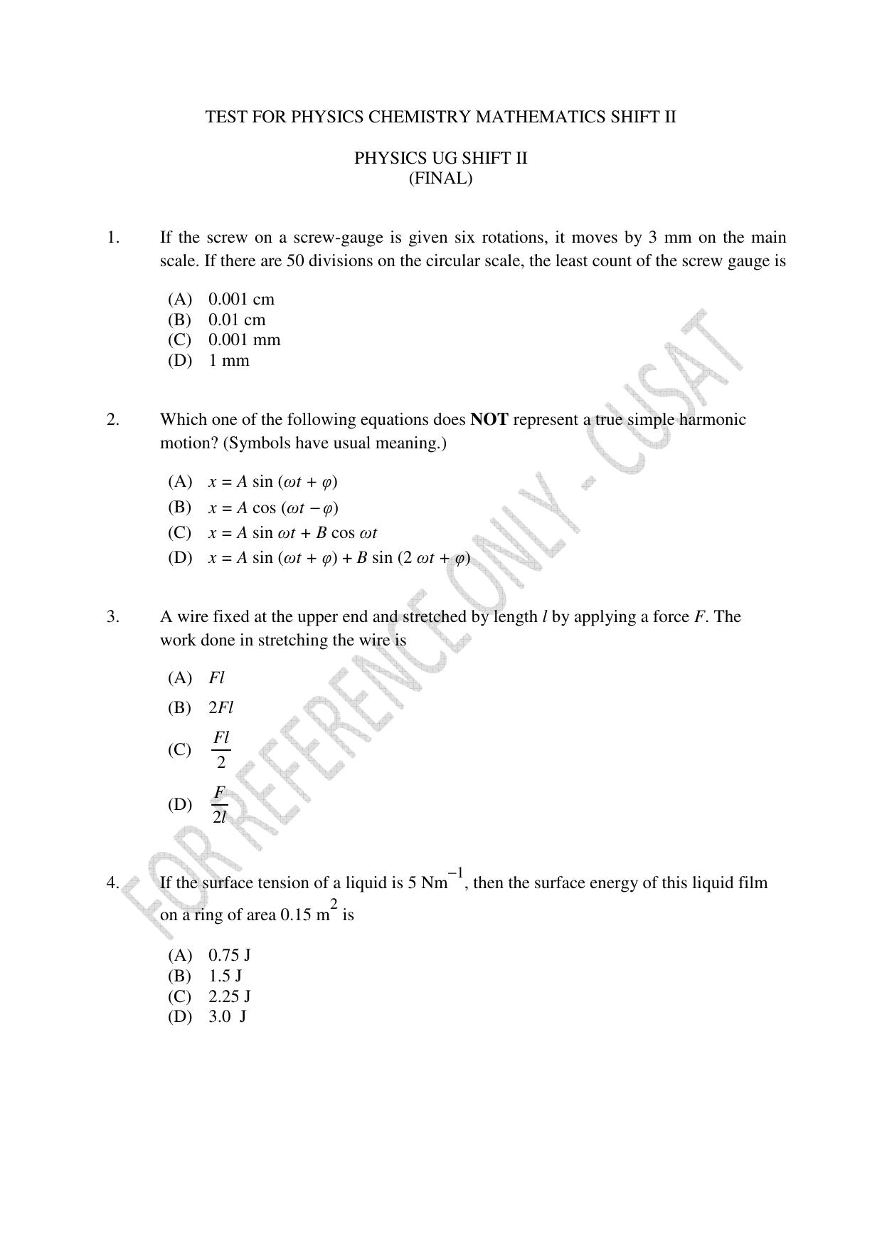 CUSAT CAT 2023 Test For Physics Chemistry Mathematics Shift II Question Paper - Page 1
