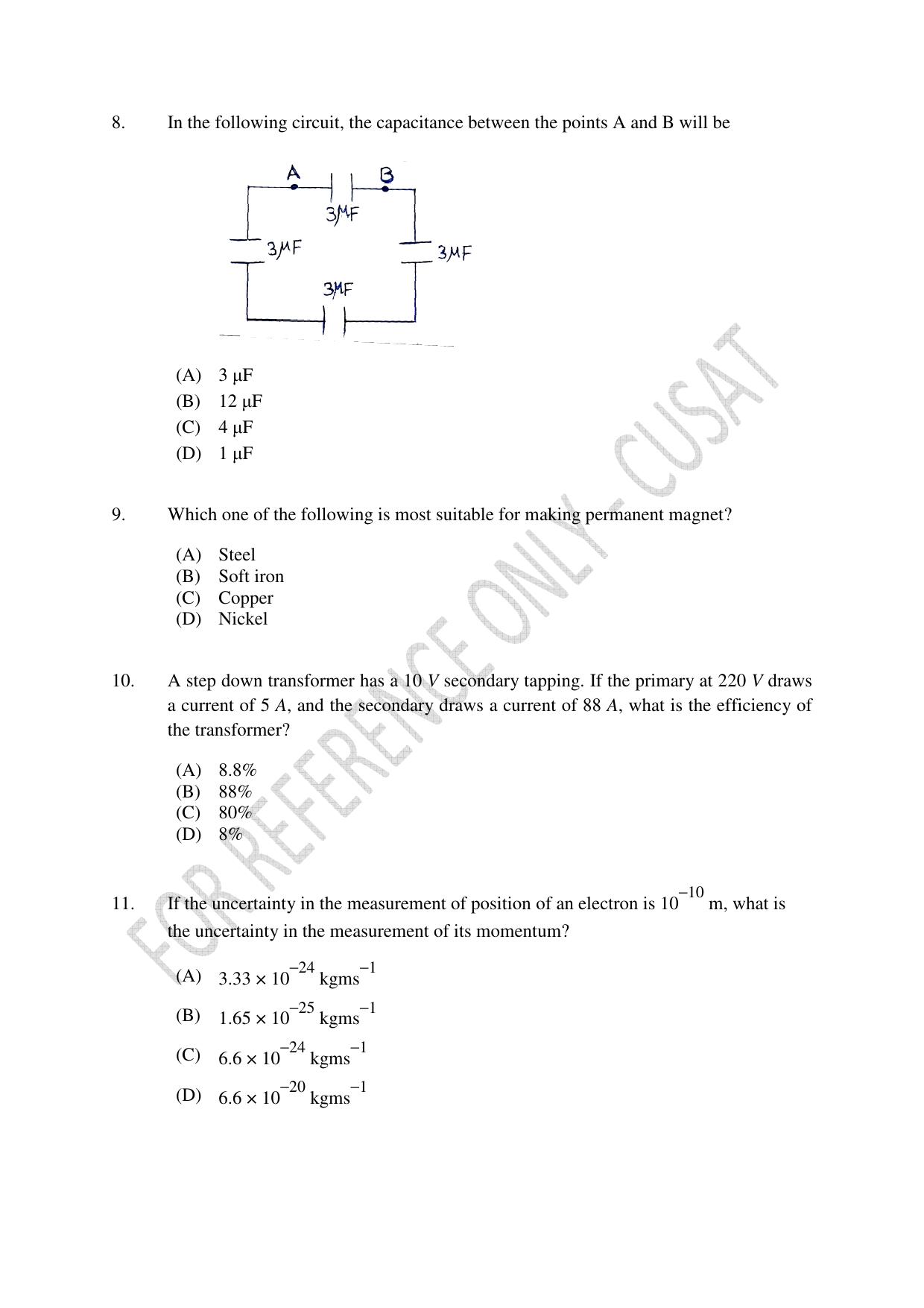 CUSAT CAT 2023 Test For Physics Chemistry Mathematics Shift II Question Paper - Page 3
