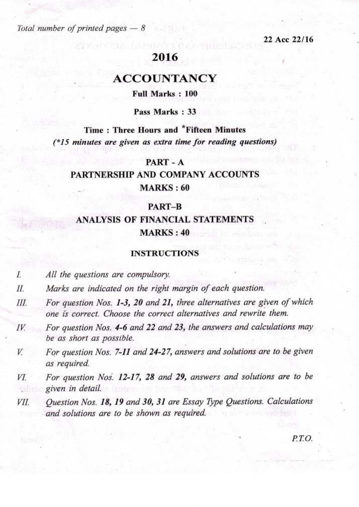 COHSEM Class 12 Accountancy 2016 Question Papers - Page 1
