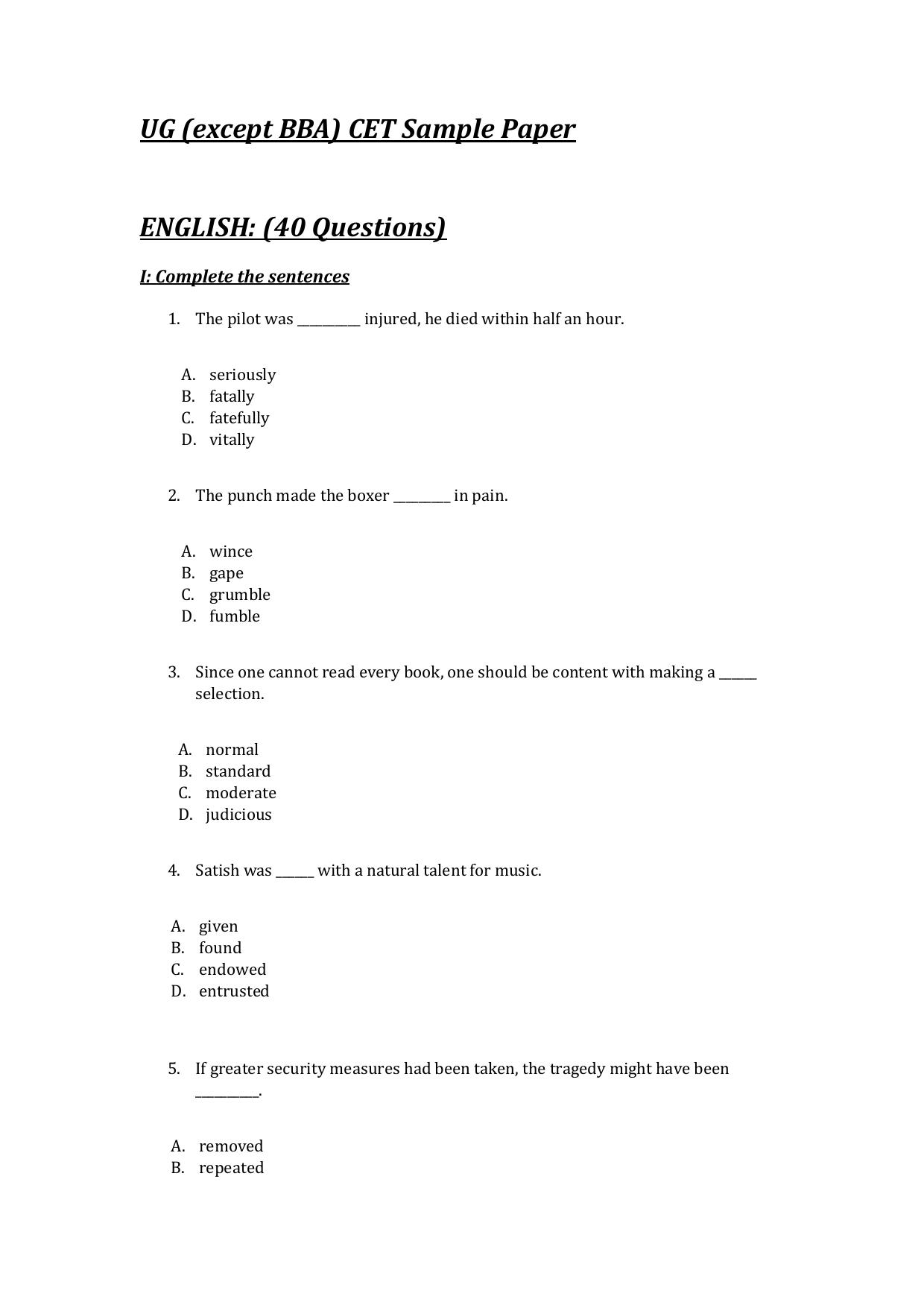 IMU CET UG (Except BBA) Sample Paper - Page 1