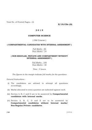 Meghalaya Board (MBOSE) Class 10 COMPUTER SCIENCE ( Old Course ) 2019 Question Paper