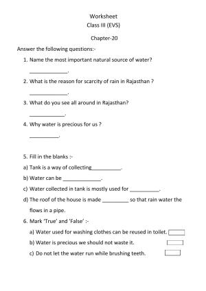 Worksheet for Class 3 EVS Assignment 92 Chapter-20
