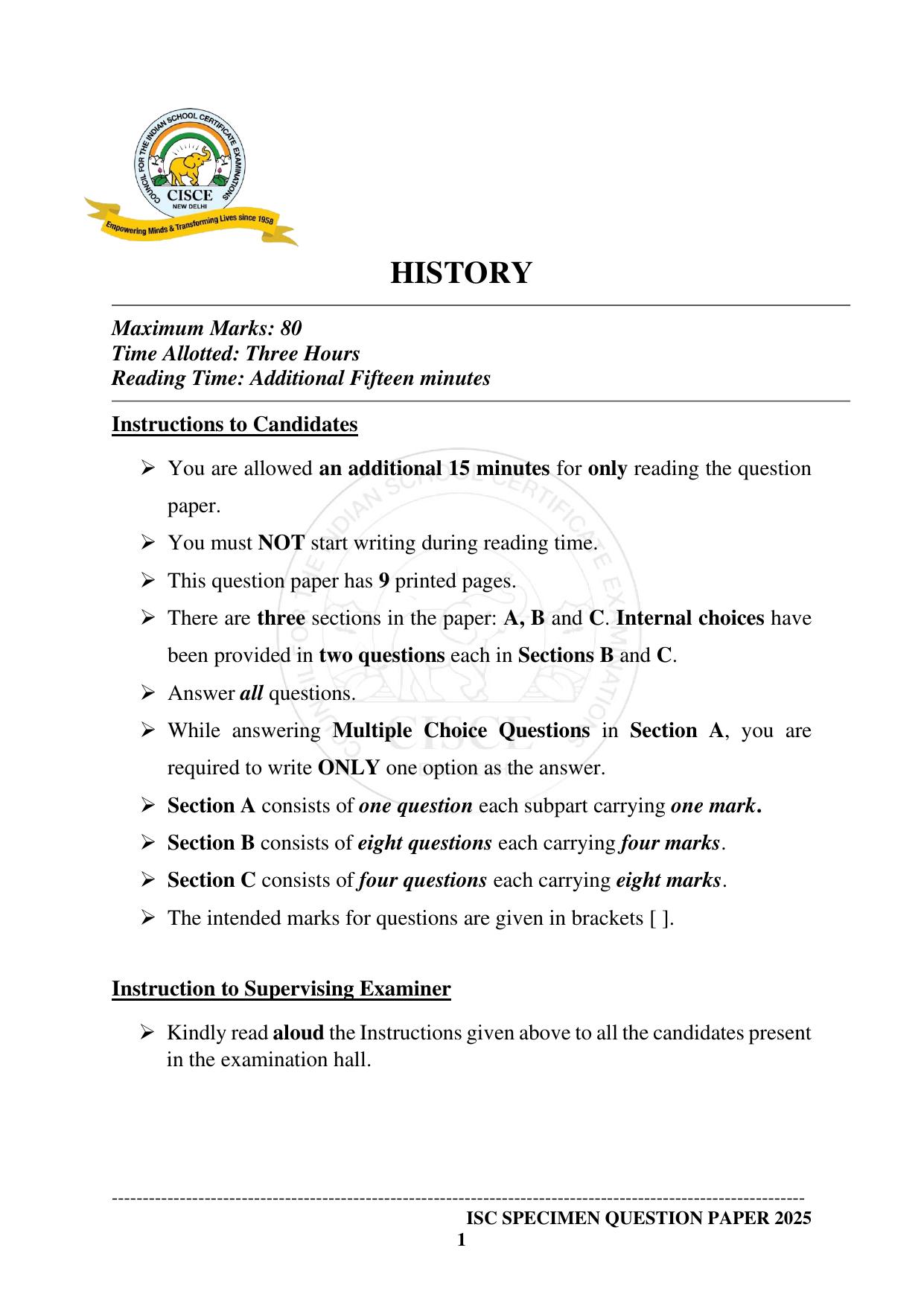 ISC Class 12 2025 HISTORY  (SQP & AK) Specimen Paper - Page 1