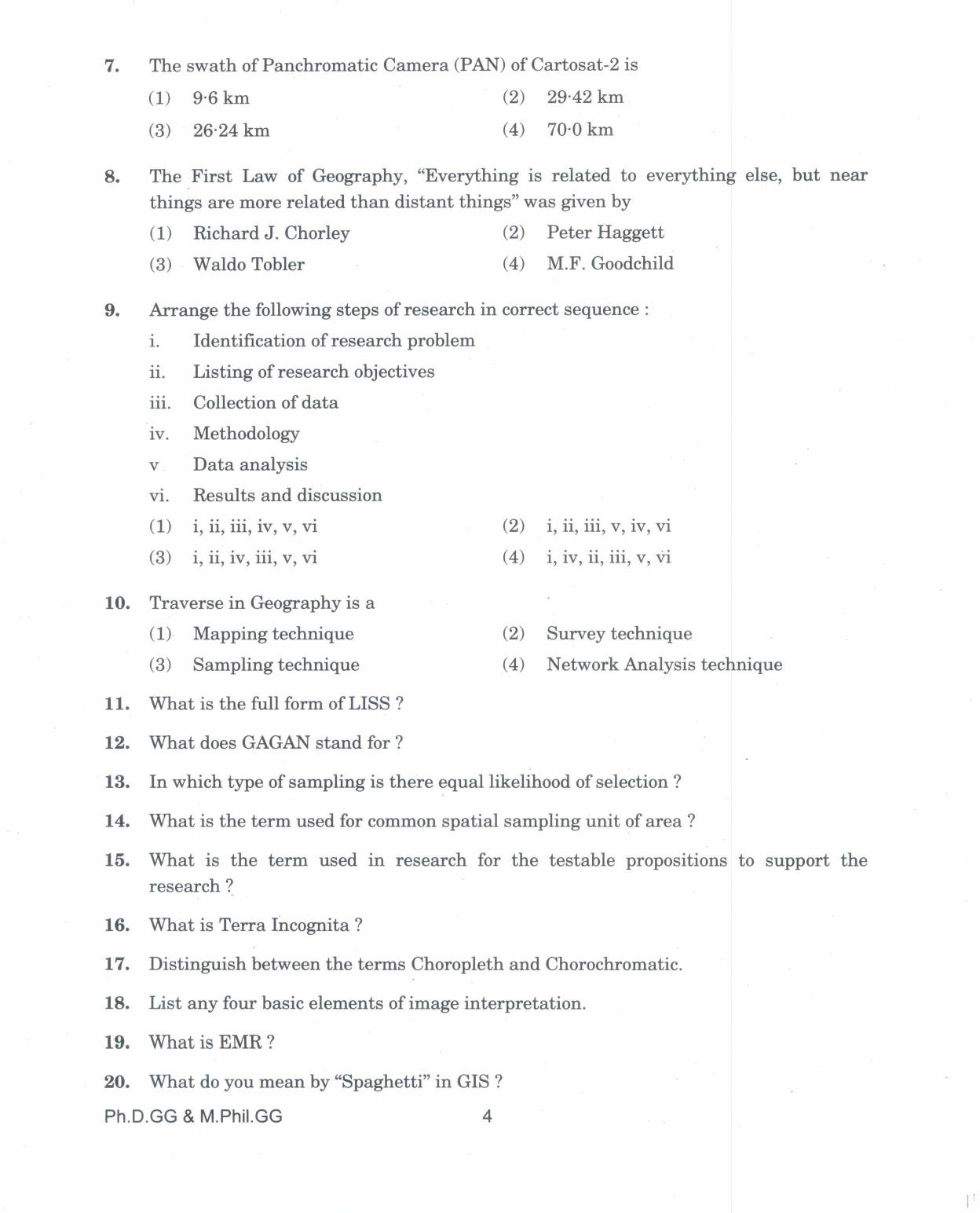 IGNOU PhD Entrance Test Ph.D. (Geography) And M.Phil. (Geography) 2017 Question Paper - Page 4