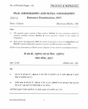 IGNOU PhD Entrance Test Ph.D. (Geography) And M.Phil. (Geography) 2017 Question Paper