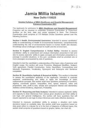 JMI Entrance Exam M82-MBA (Healthcare and Hospital Management) Syllabus