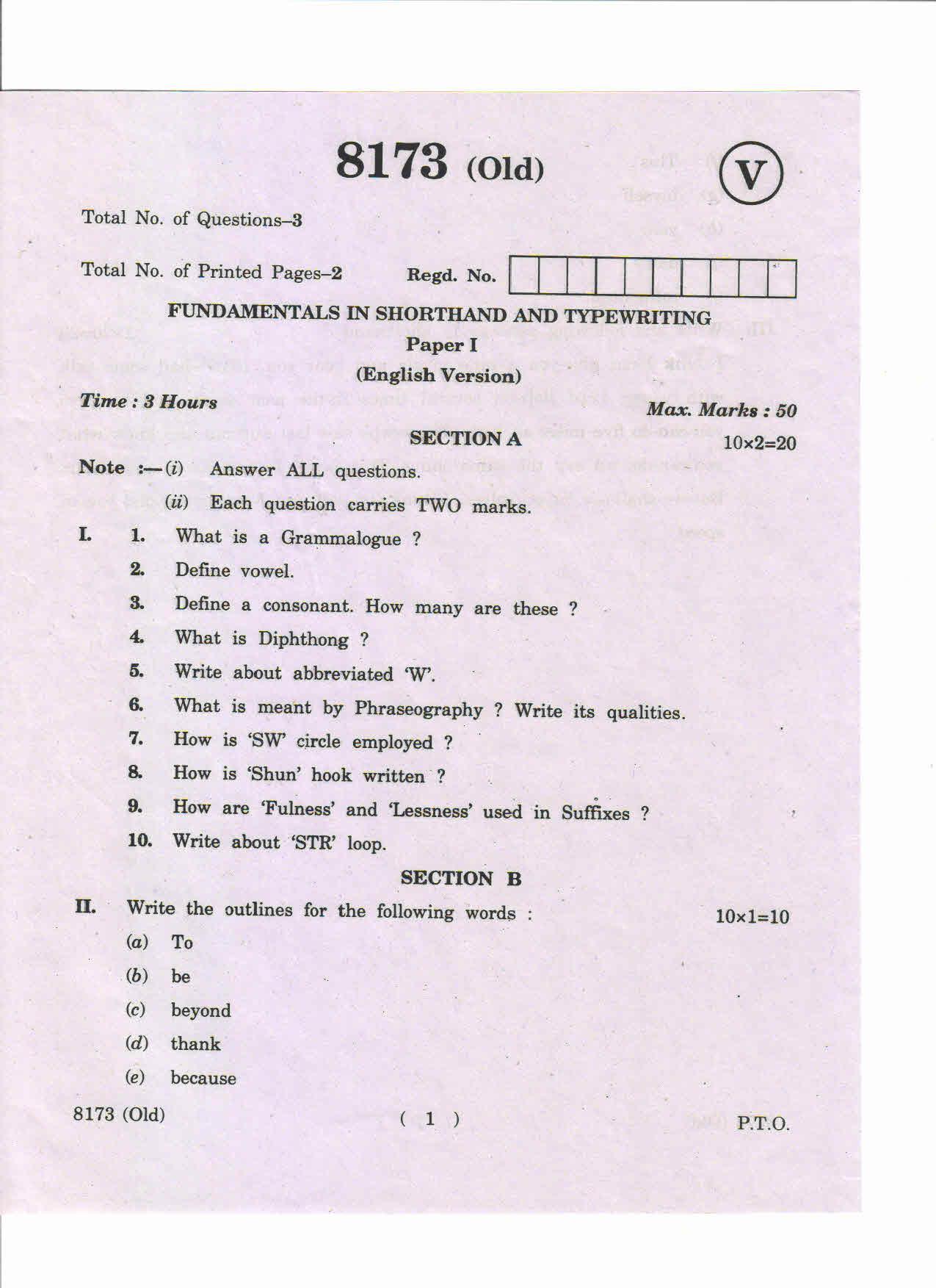 AP Inter 1st Year Fundamentals in Shorthand and Typewriting-I (Old) March-2019-Vocational Question Paper - Page 1