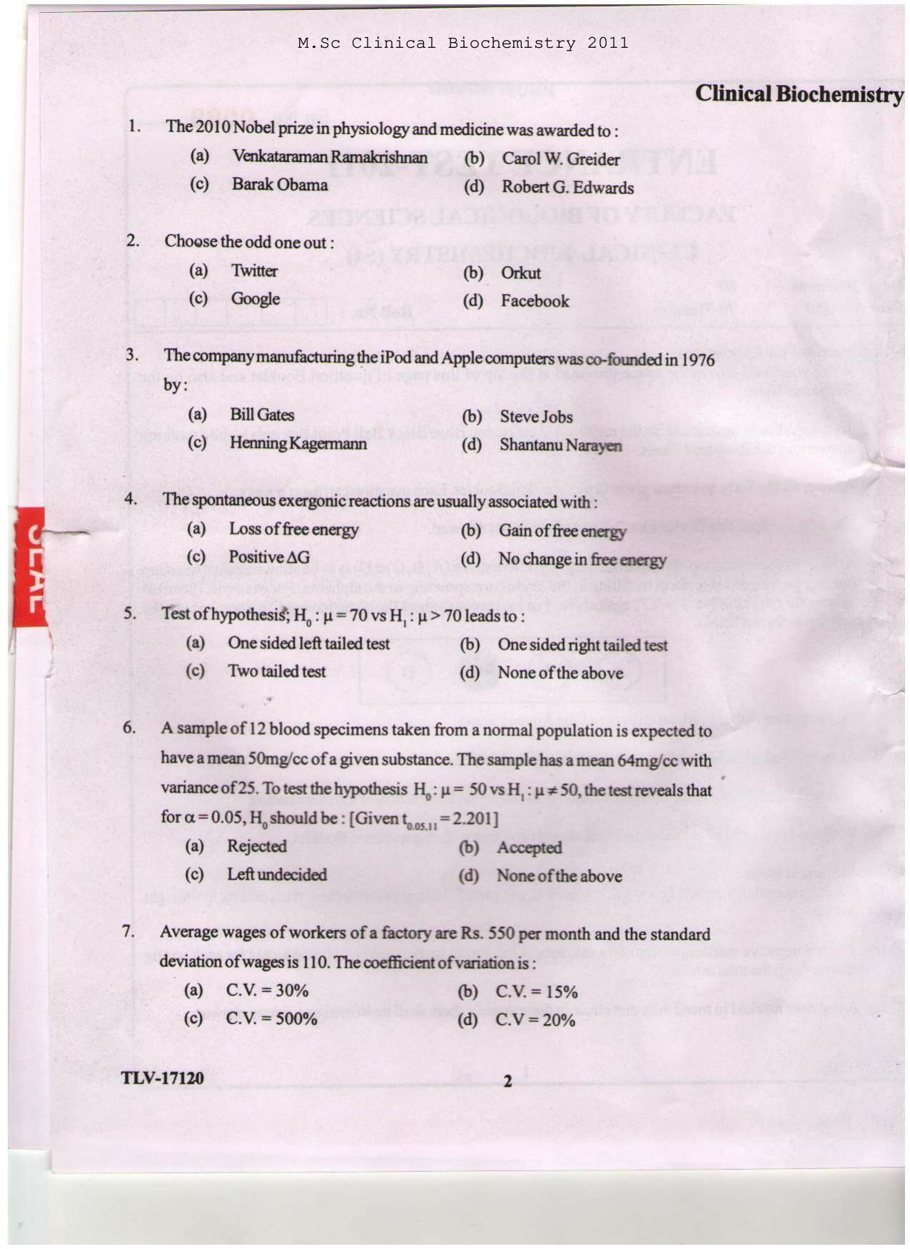 KUET 2023 M.Sc. Clinical Biochemistry Question Paper - Page 81