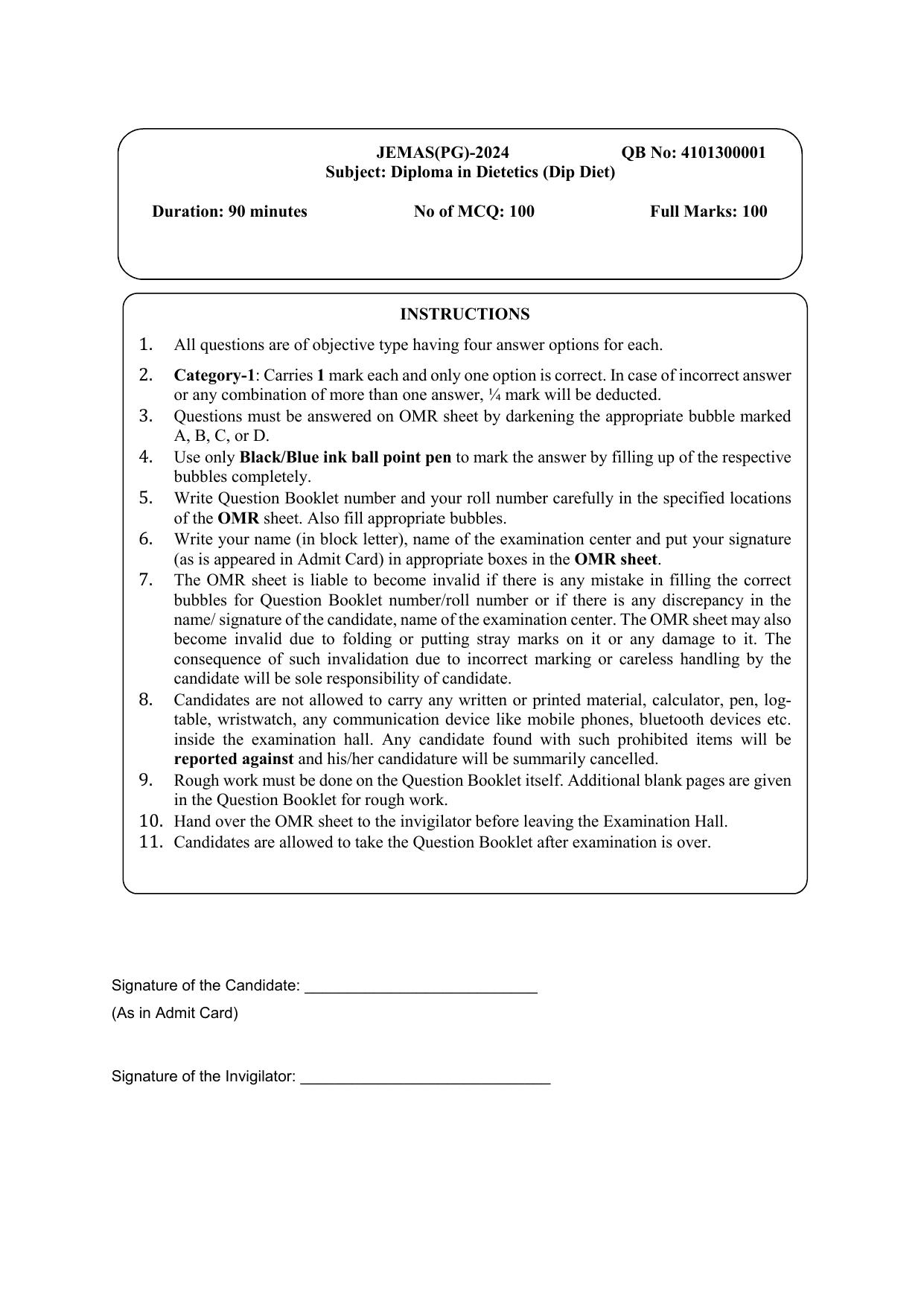 WB JEMAS (PG) Dip Diet 2024 Question Paper - Page 1