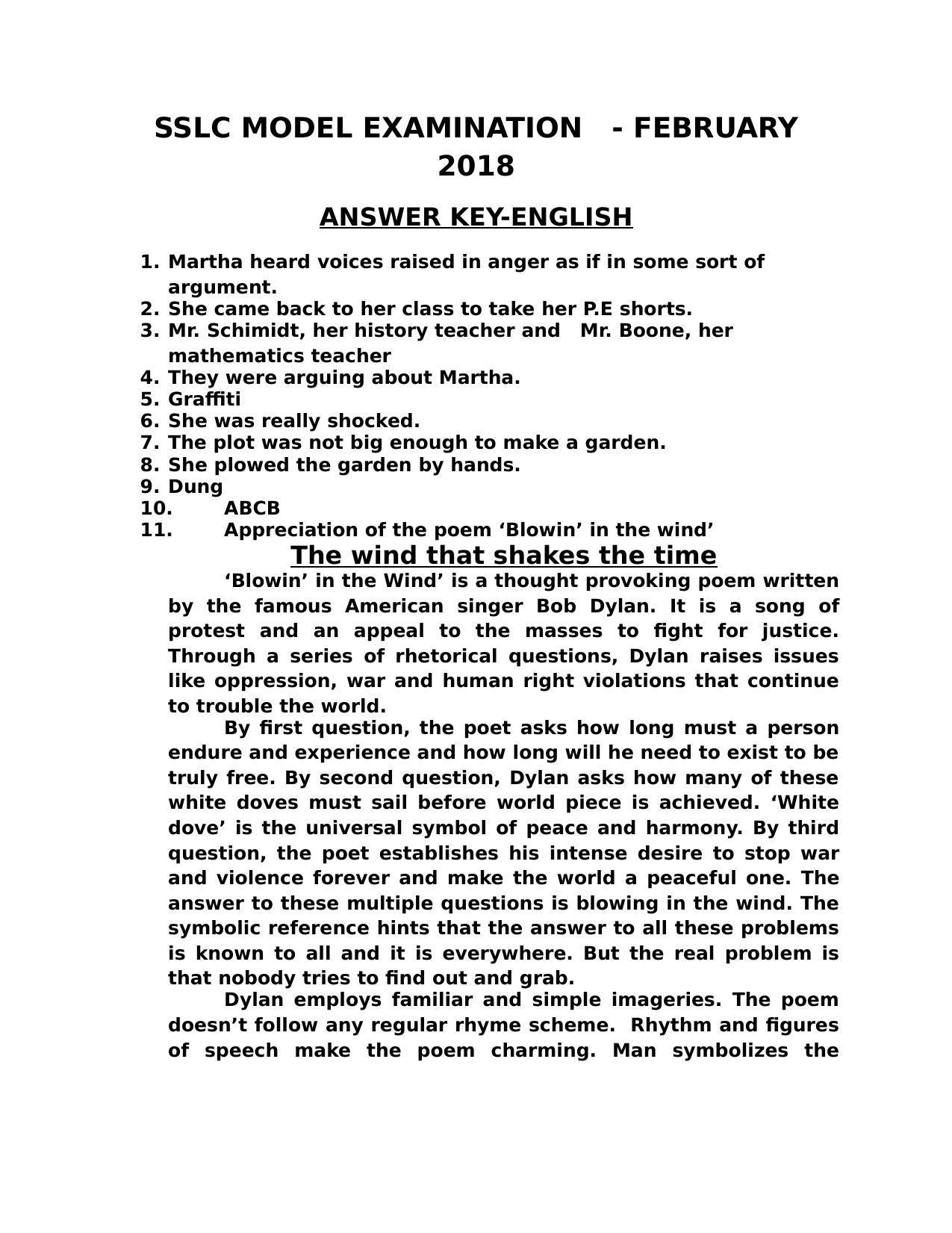 Kerala SSLC 2018 English  Answer Key (Model) - Page 1