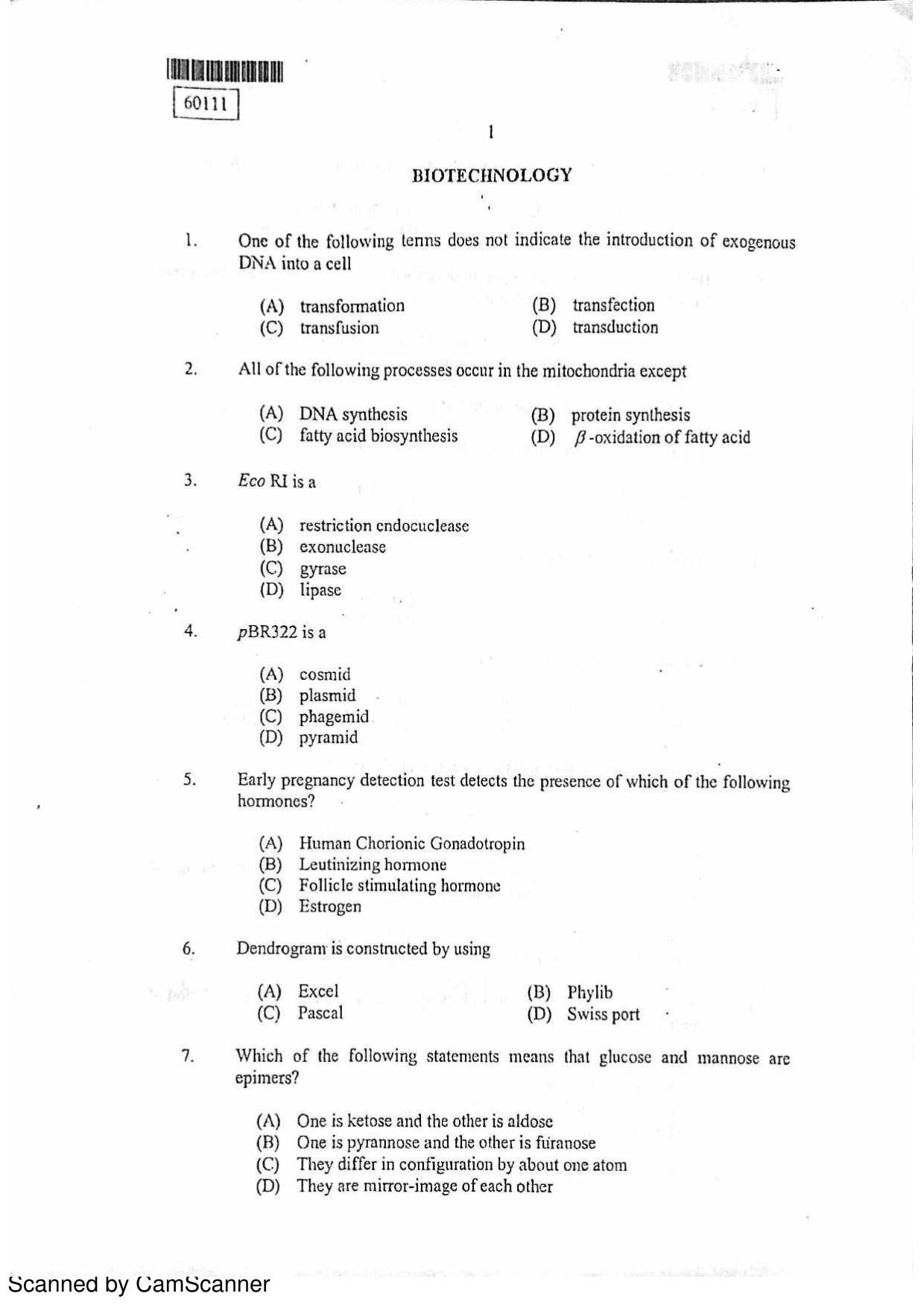 CUSAT CAT 2011 Biotechnology Question Paper - Page 2