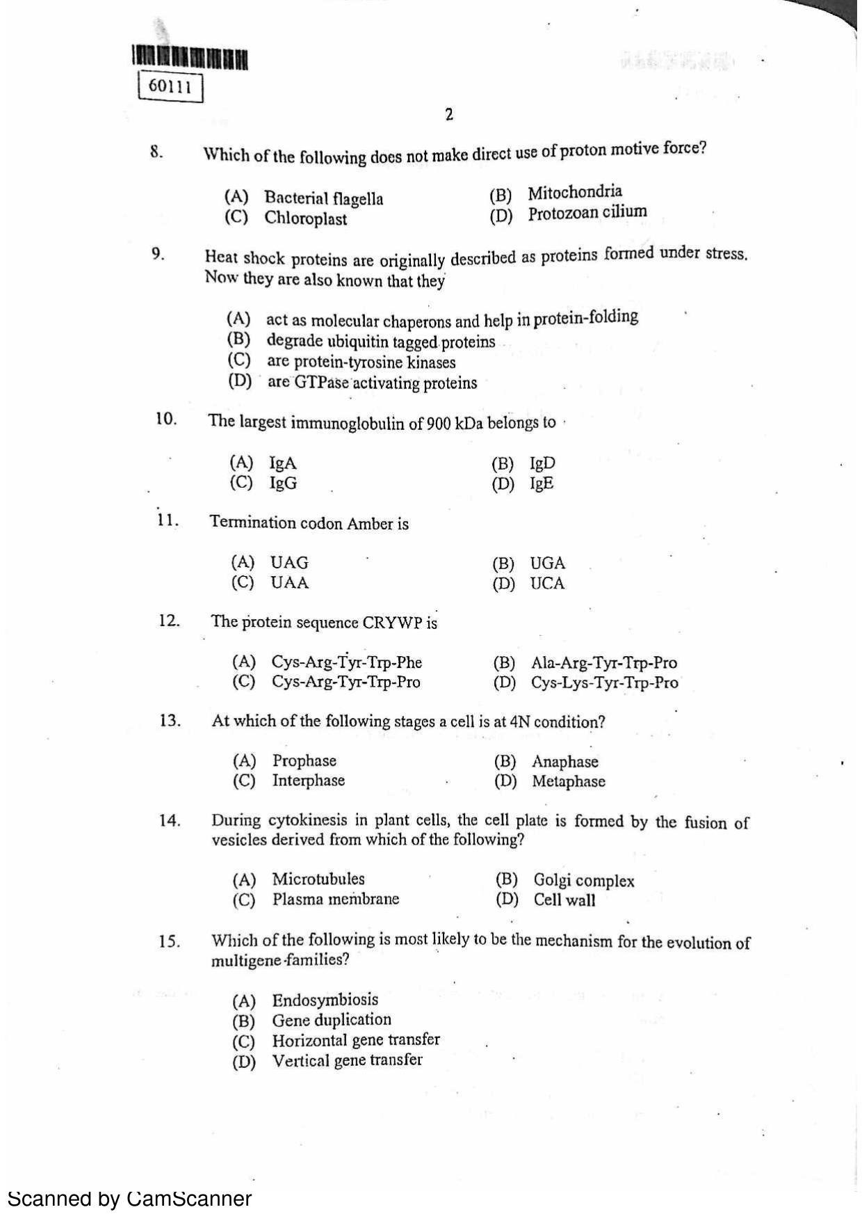 CUSAT CAT 2011 Biotechnology Question Paper - Page 3