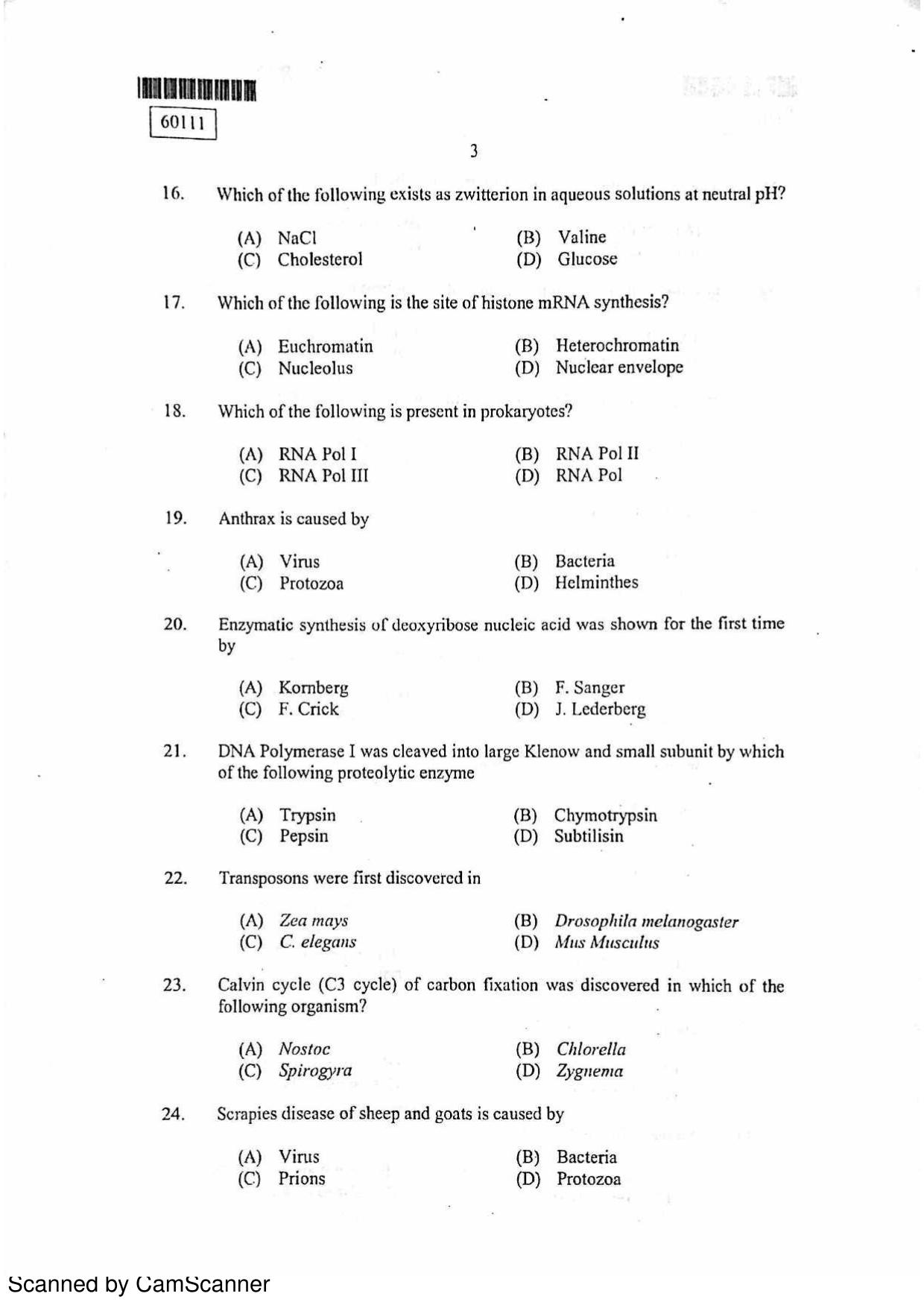 CUSAT CAT 2011 Biotechnology Question Paper - Page 4