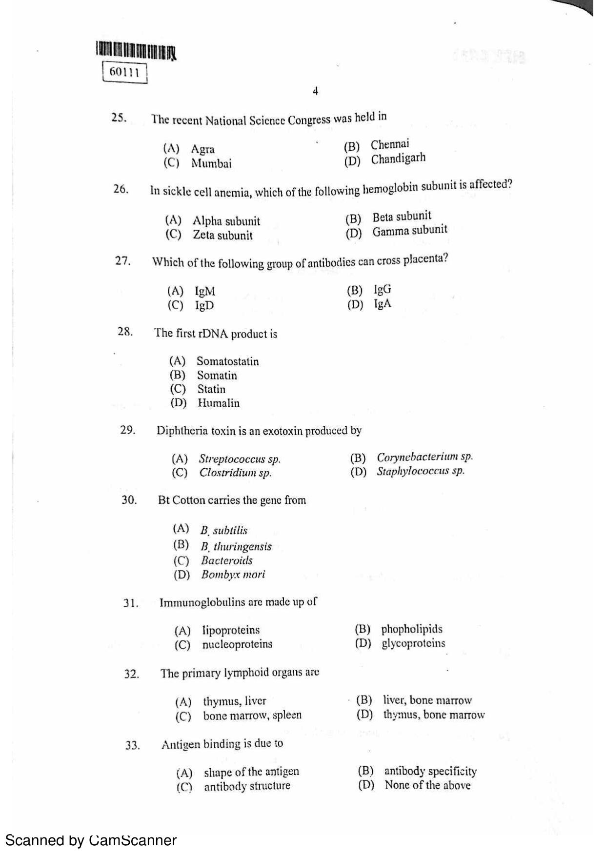 CUSAT CAT 2011 Biotechnology Question Paper - Page 5