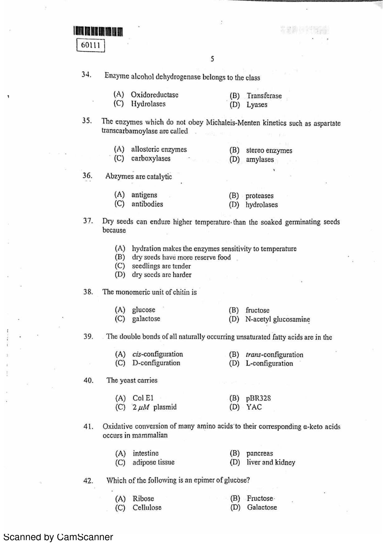 CUSAT CAT 2011 Biotechnology Question Paper - Page 6
