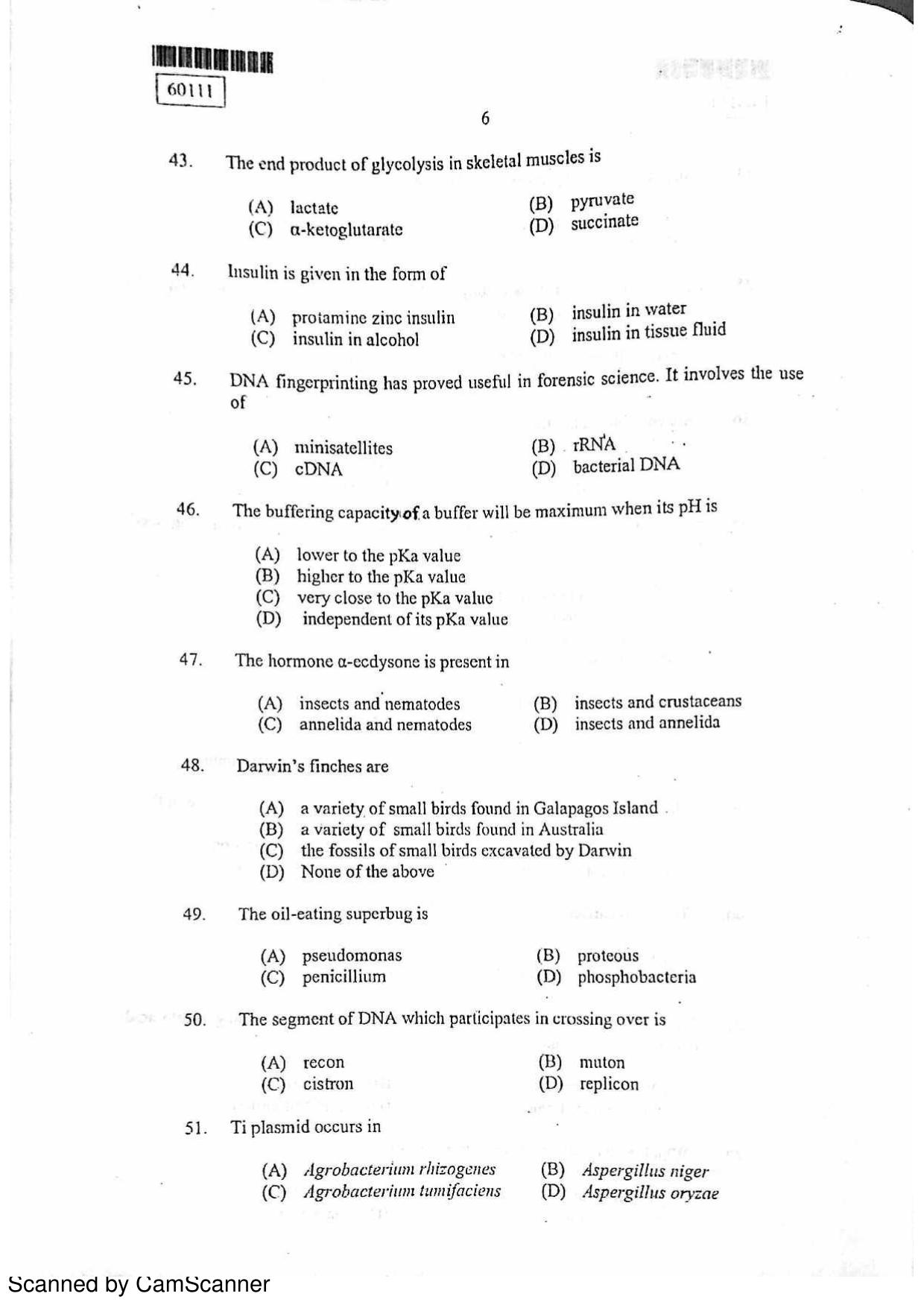 CUSAT CAT 2011 Biotechnology Question Paper - Page 7