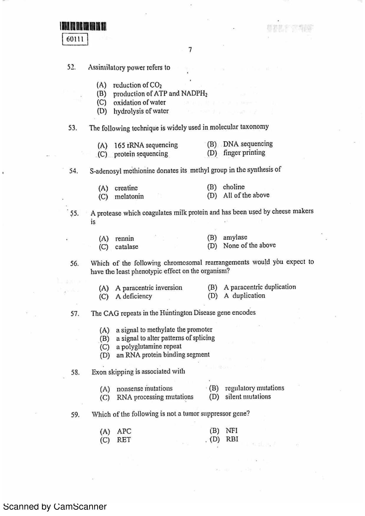CUSAT CAT 2011 Biotechnology Question Paper - Page 8