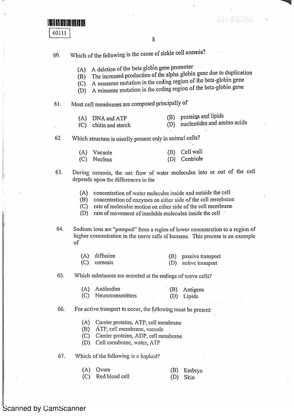 CUSAT CAT 2011 Biotechnology Question Paper - Page 9