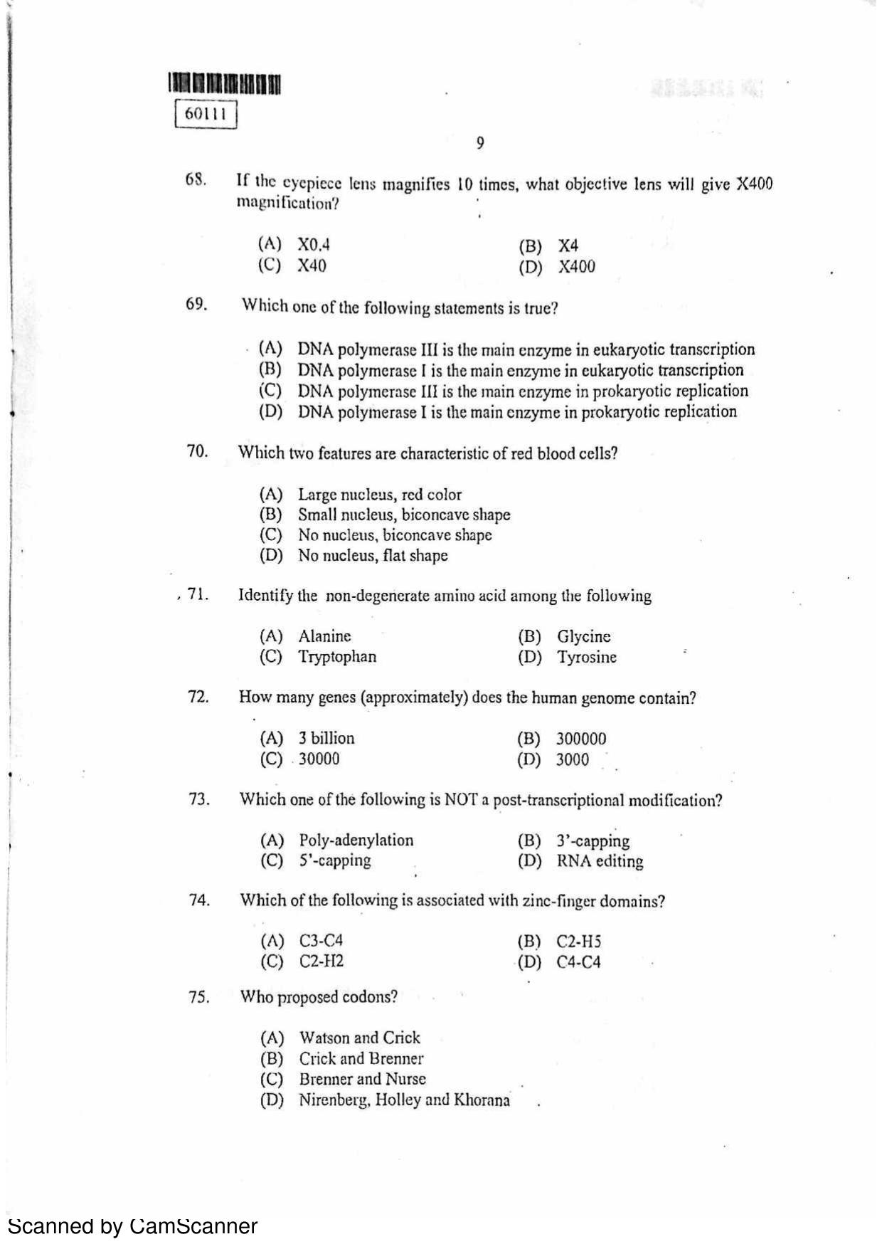 CUSAT CAT 2011 Biotechnology Question Paper - Page 10