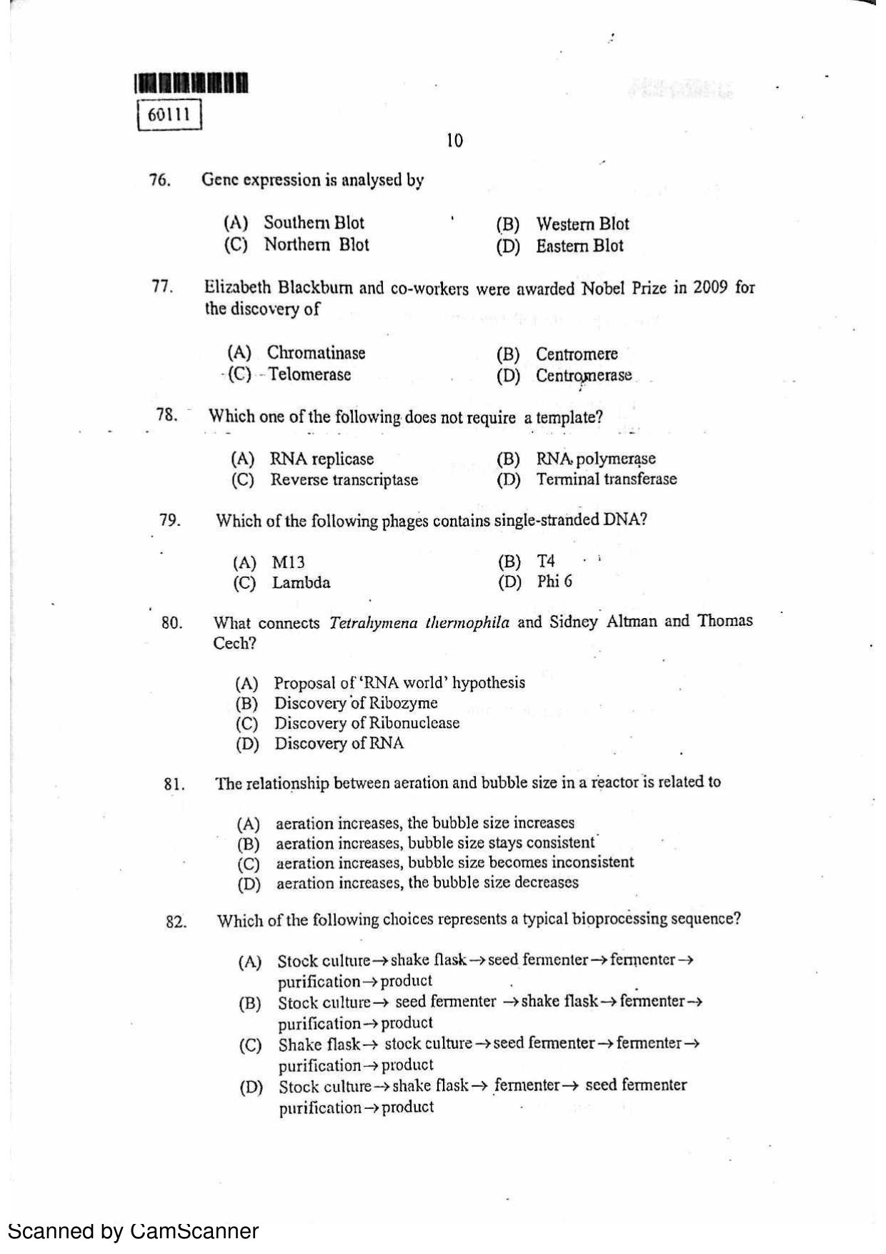CUSAT CAT 2011 Biotechnology Question Paper - Page 11