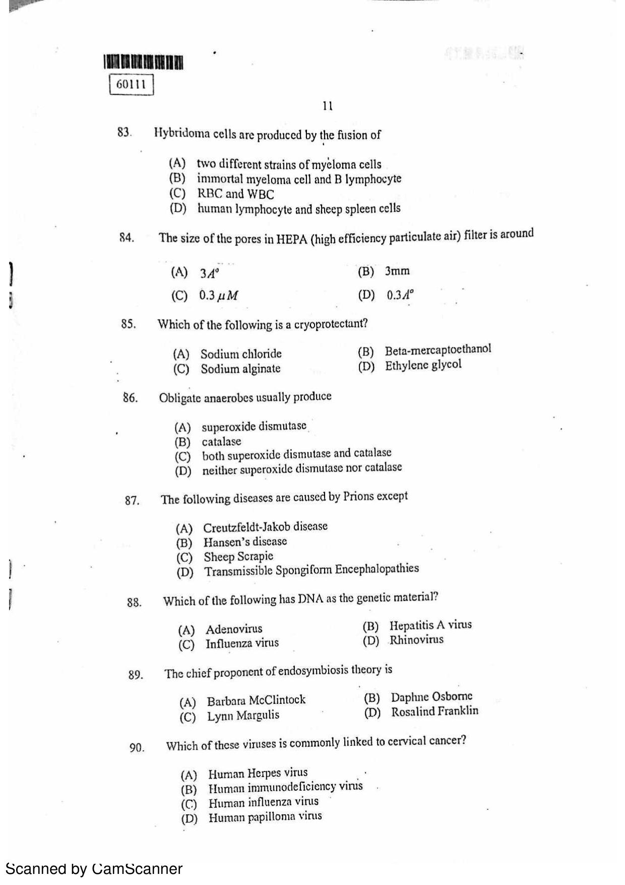 CUSAT CAT 2011 Biotechnology Question Paper - Page 12