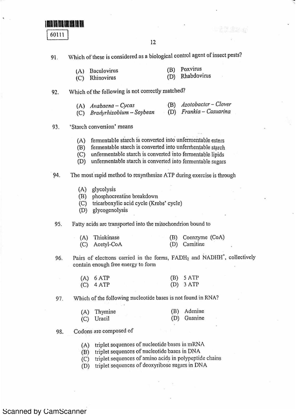 CUSAT CAT 2011 Biotechnology Question Paper - Page 13