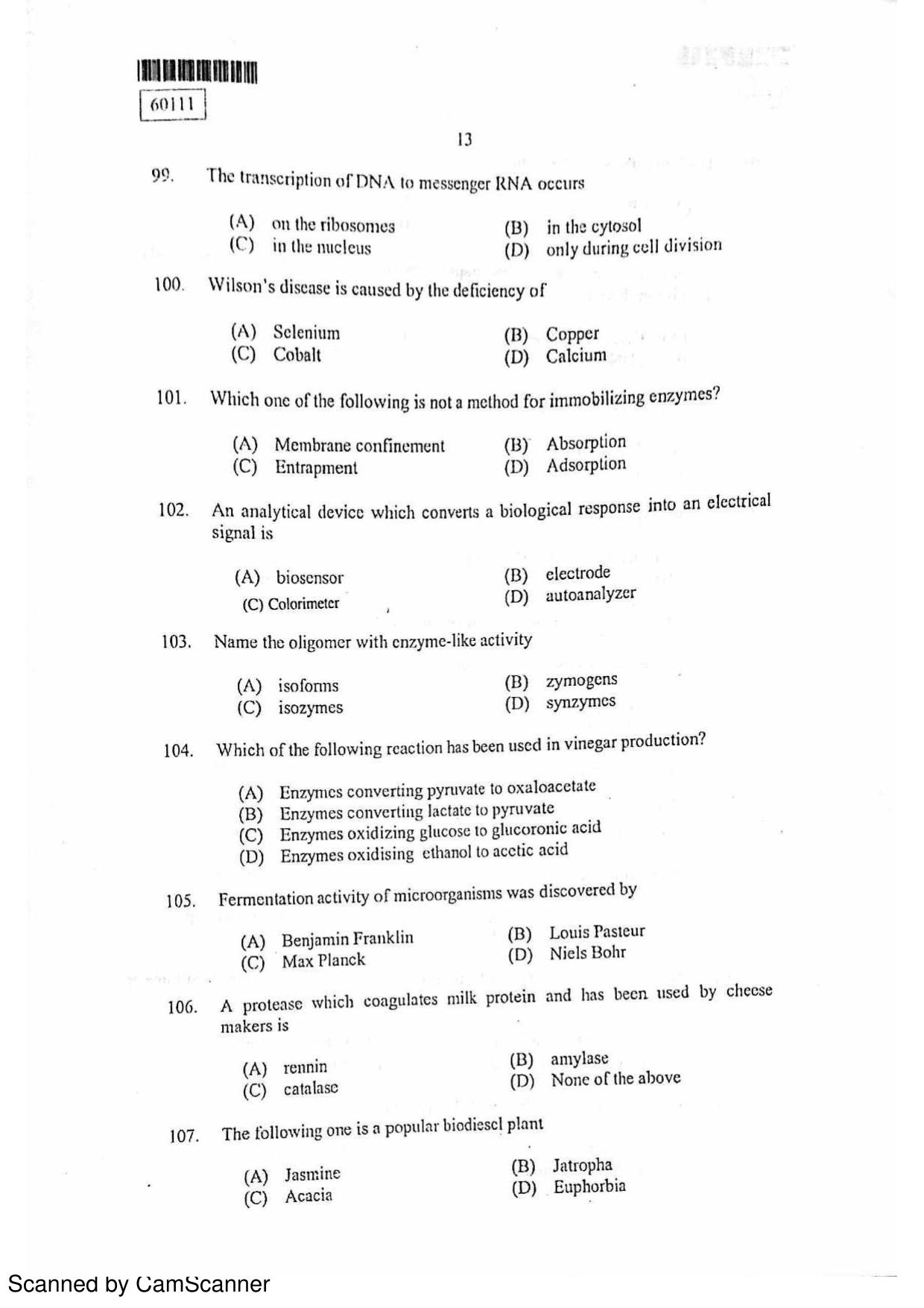 CUSAT CAT 2011 Biotechnology Question Paper - Page 14