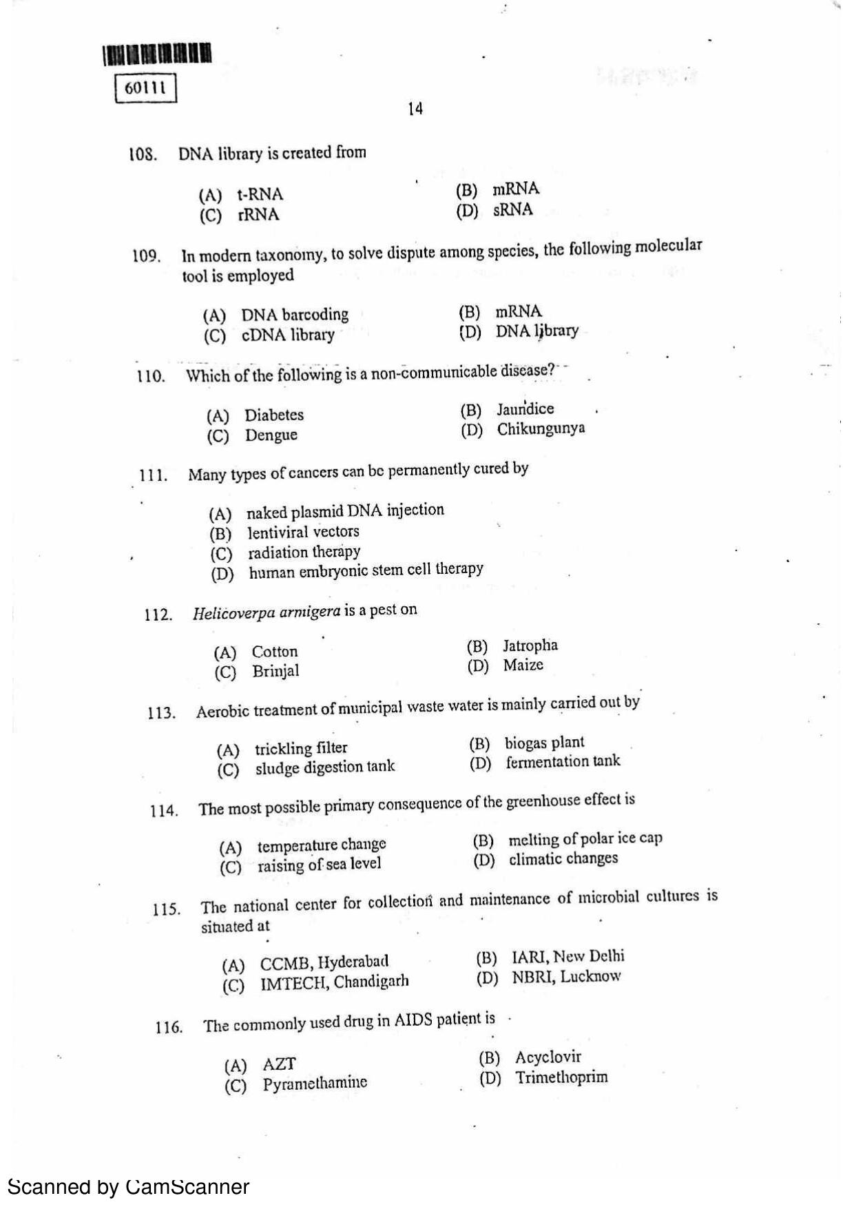 CUSAT CAT 2011 Biotechnology Question Paper - Page 15