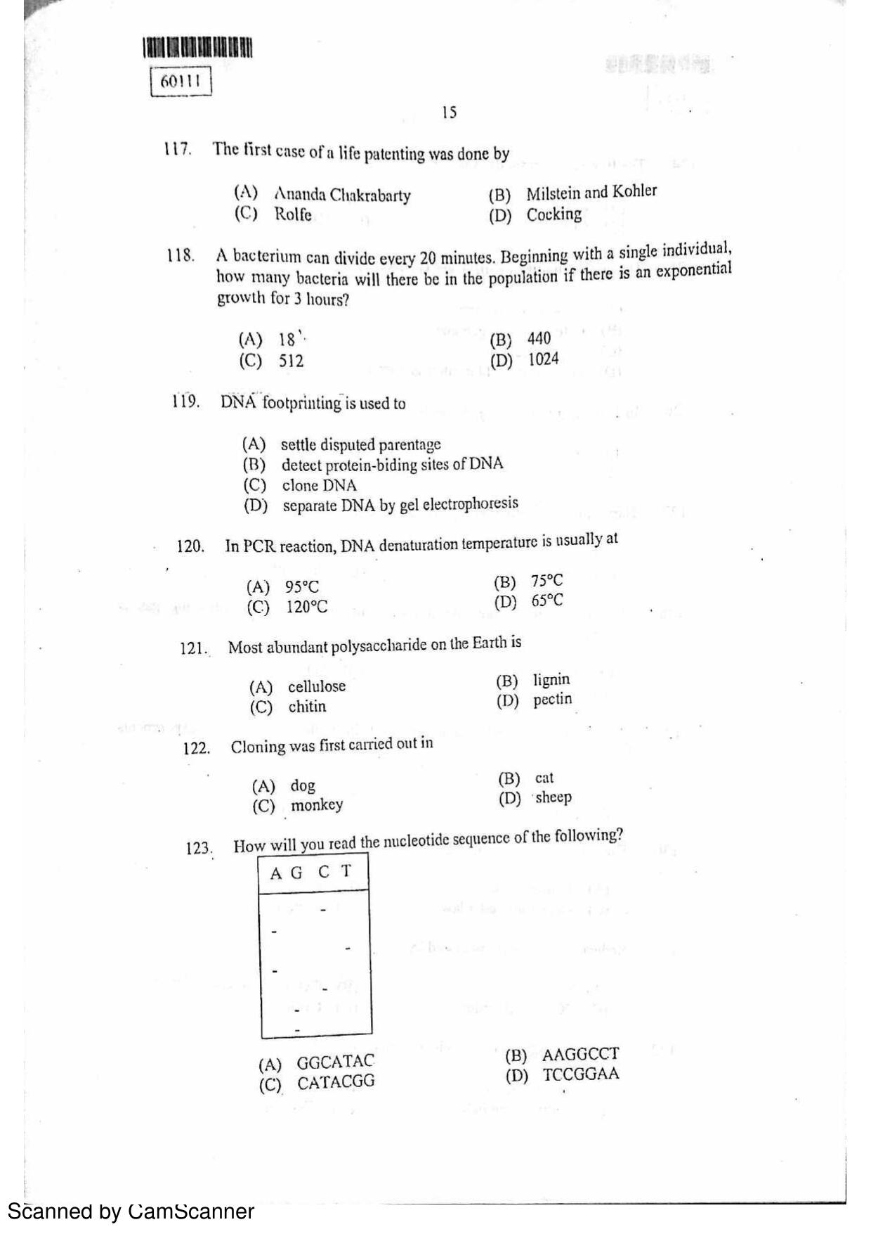 CUSAT CAT 2011 Biotechnology Question Paper - Page 16
