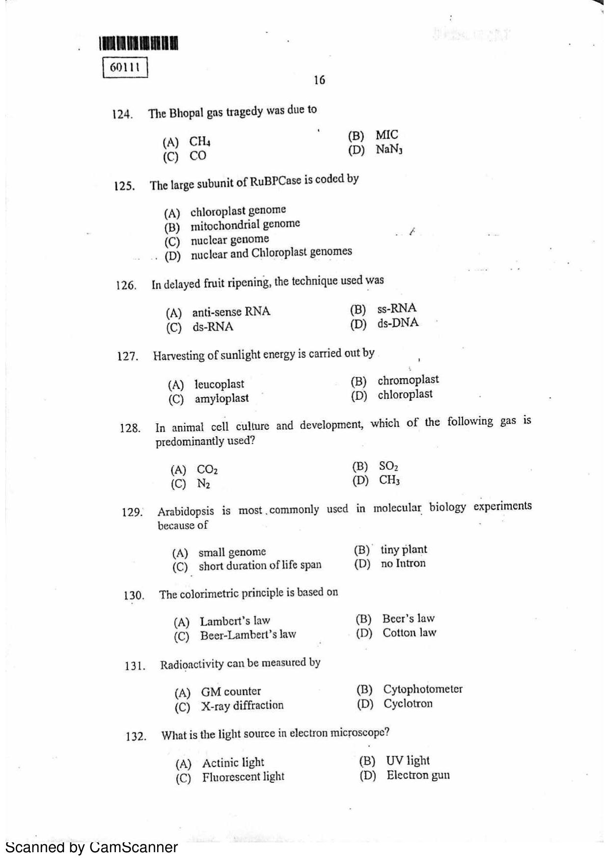 CUSAT CAT 2011 Biotechnology Question Paper - Page 17