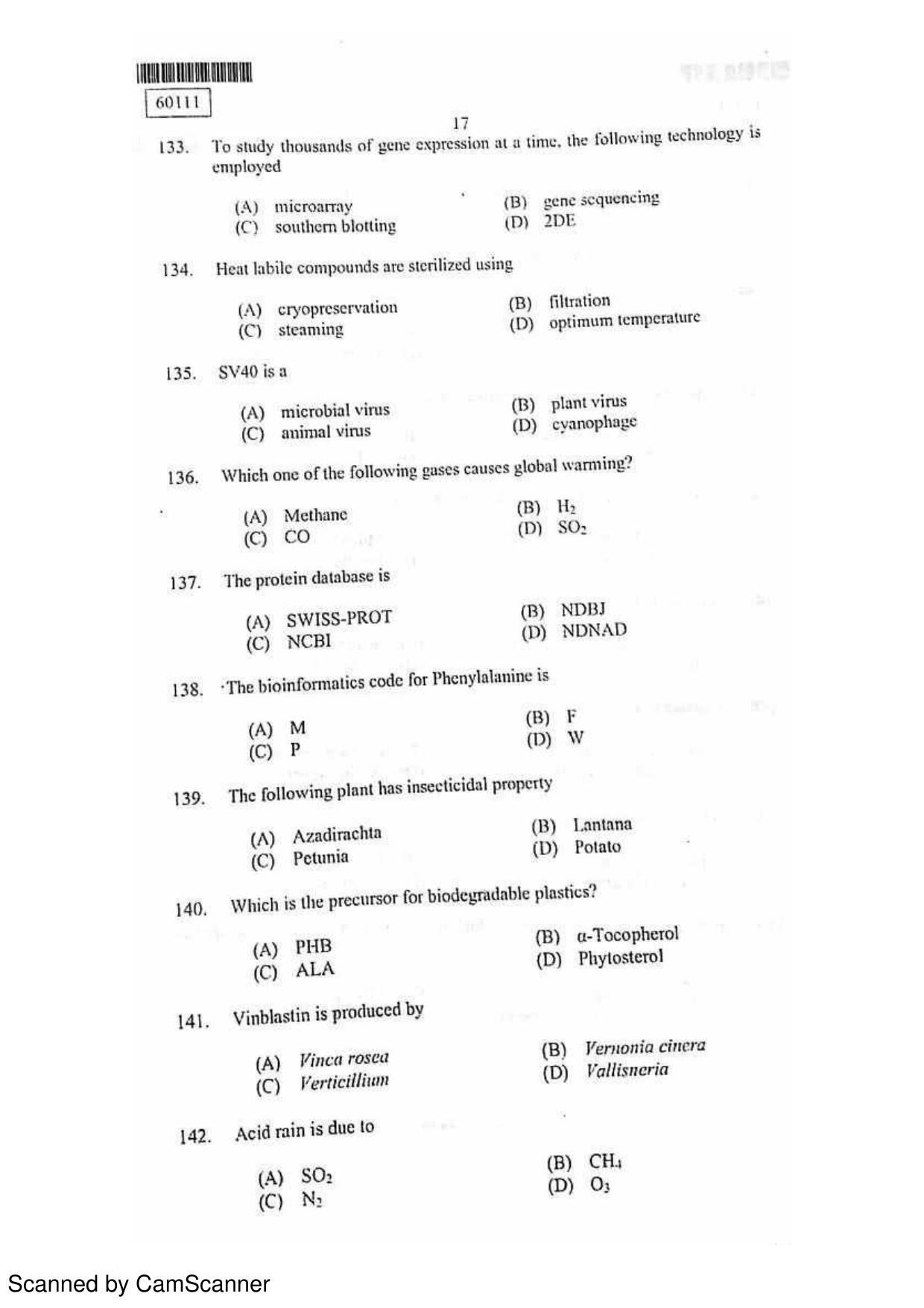 CUSAT CAT 2011 Biotechnology Question Paper - Page 18
