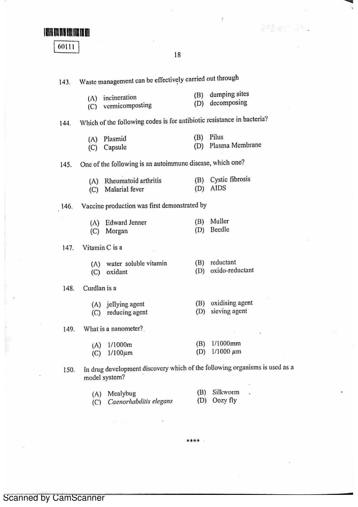 CUSAT CAT 2011 Biotechnology Question Paper - Page 19