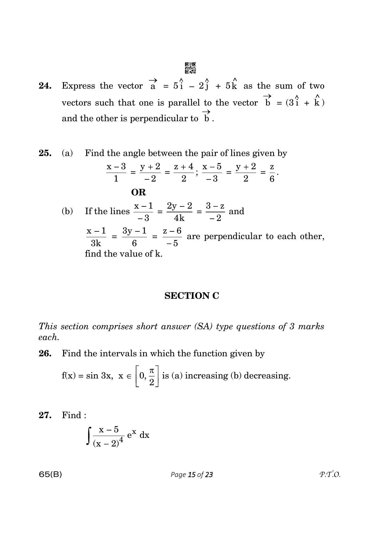 CBSE Class 12 65-B- Mathematics 2023 (Compartment) Question Paper - Page 15
