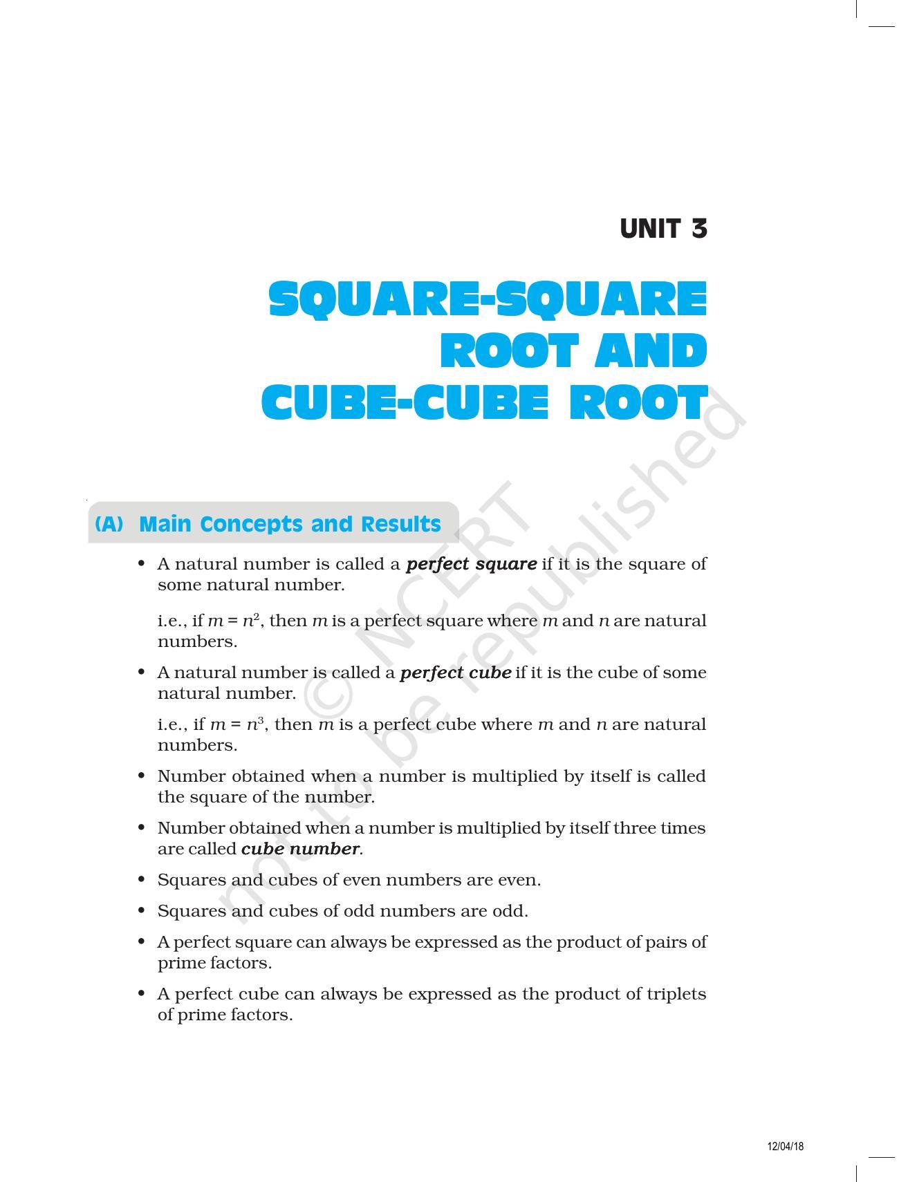 NCERT Exemplar Book for Class 8 Maths: Chapter 3- Squares and Square Roots & Cubes and Cube Roots - Page 1