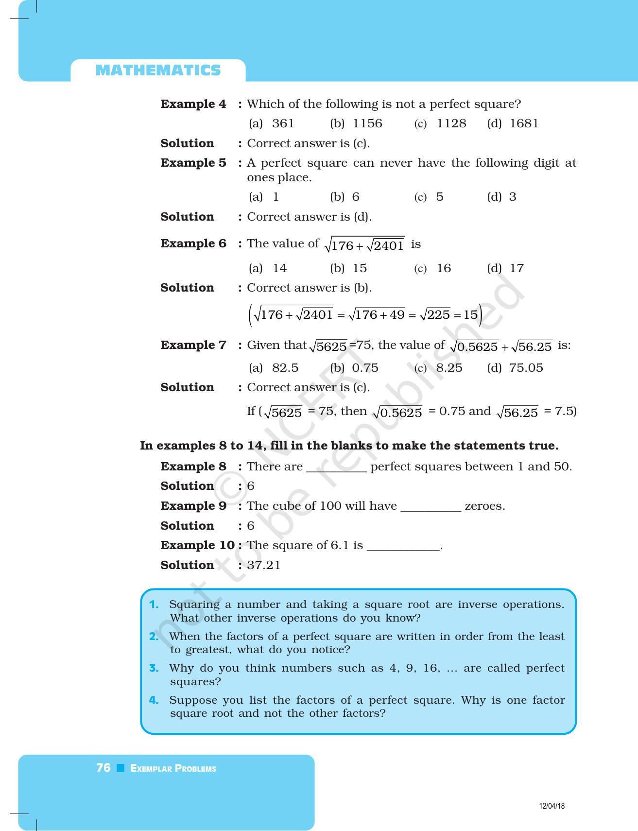 NCERT Exemplar Book for Class 8 Maths: Chapter 3- Squares and Square Roots & Cubes and Cube Roots - Page 4