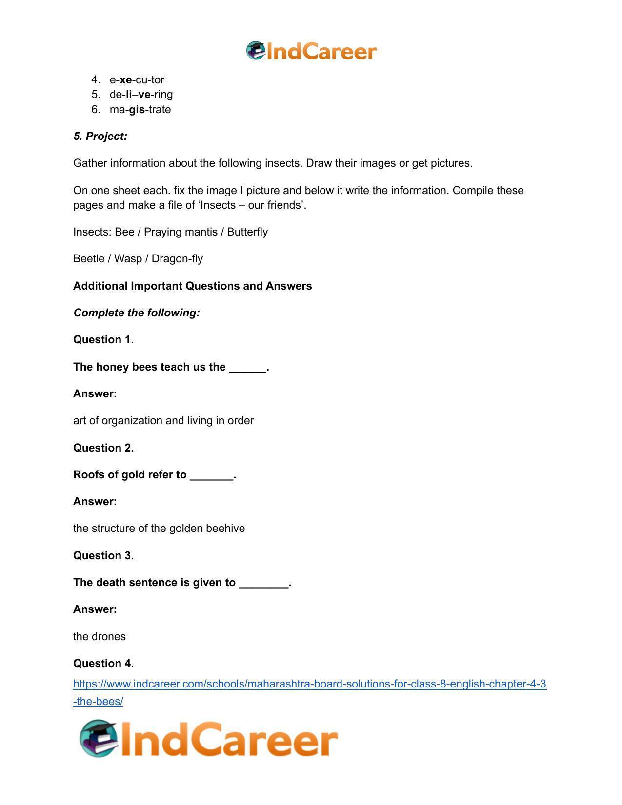Maharashtra Board Solutions for Class 8- English: Chapter 4.3- The Bees - Page 10